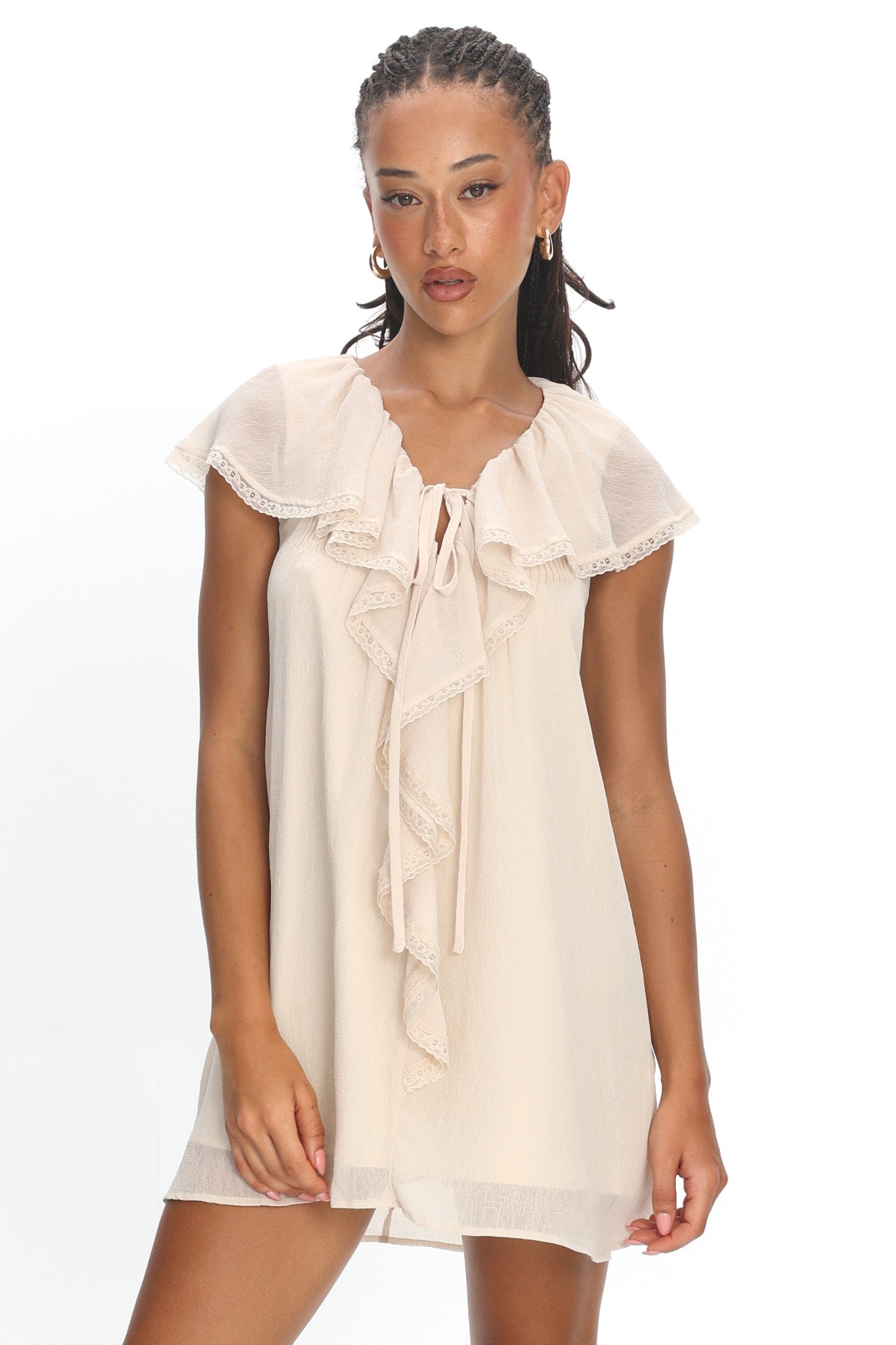 Zeeta Frill Neckline Mini Dress Off White