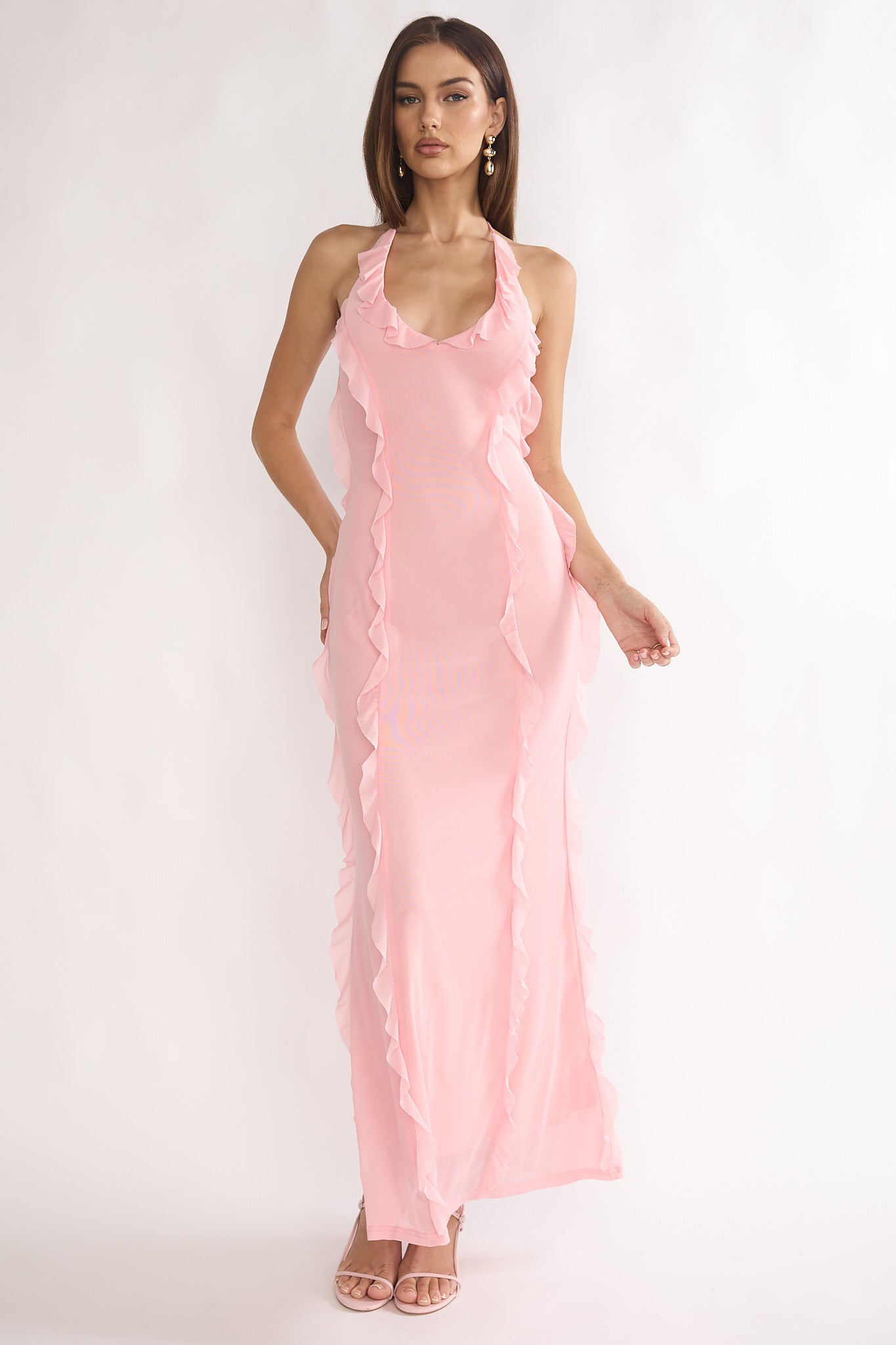 Collins Halter Ruffle Trim Maxi Dress Pink - L
