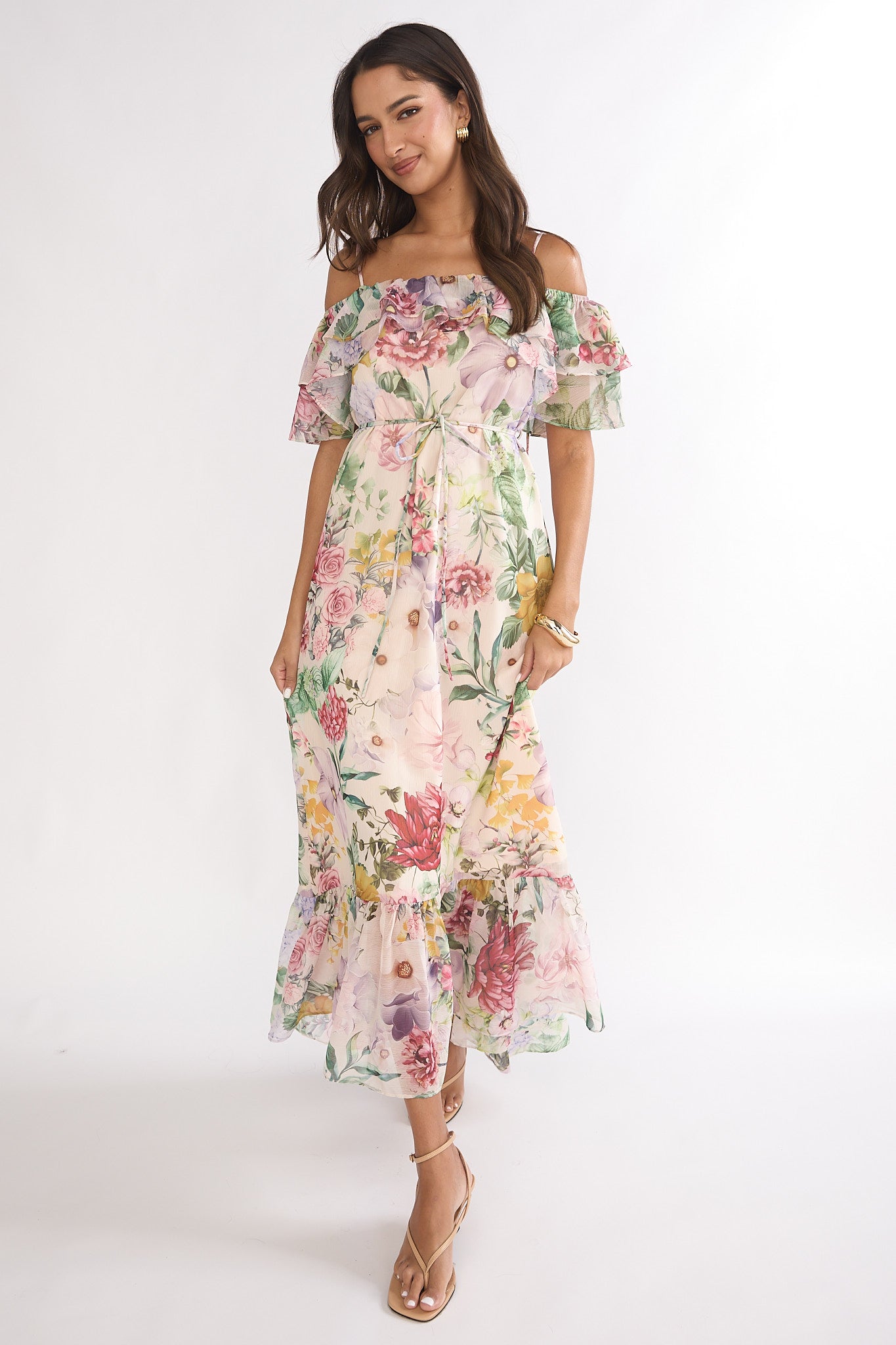off shoulder maxi floral dress Ivelle Off-Shoulder Ruffle Andaaz Fashion Women's Lime 5% Elastane hollywood Size:34W x 30L