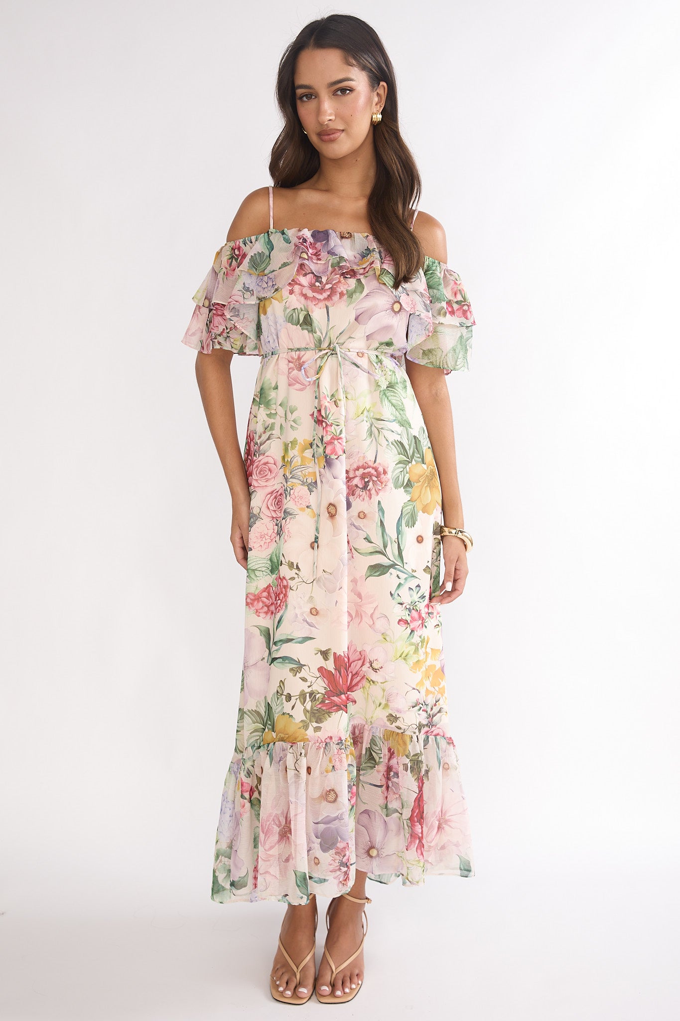 Ivelle Off-Shoulder Ruffle Maxi Dress Floral by Selfie Leslie