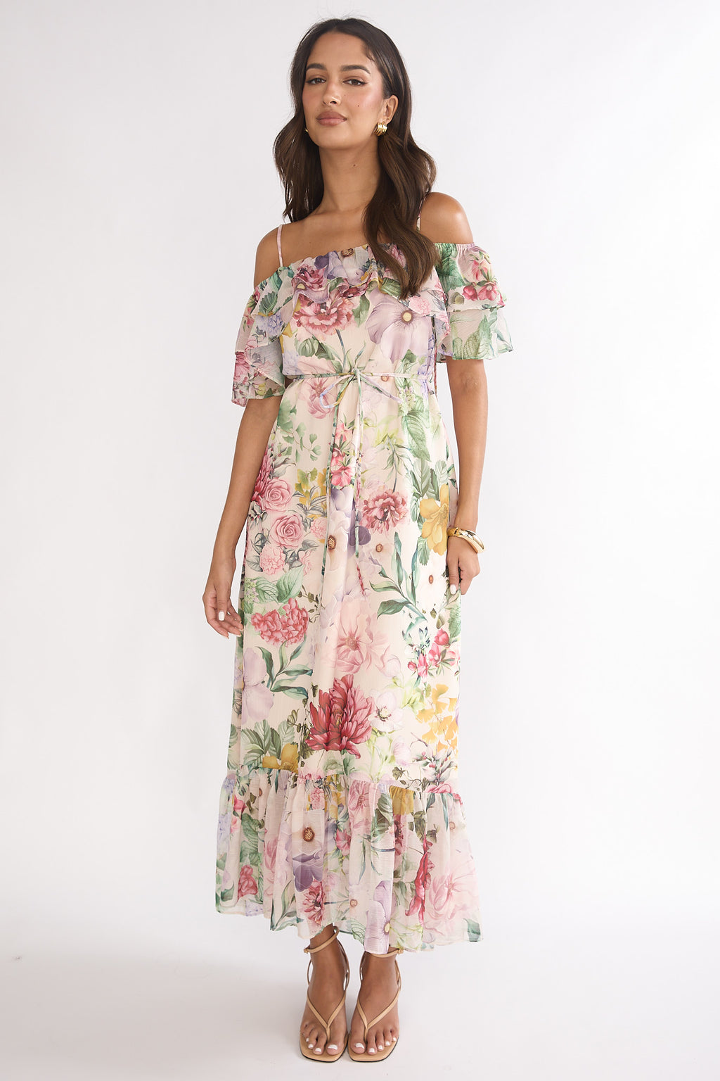 Ivelle Off-Shoulder Ruffle Maxi Dress Floral by Selfie Leslie