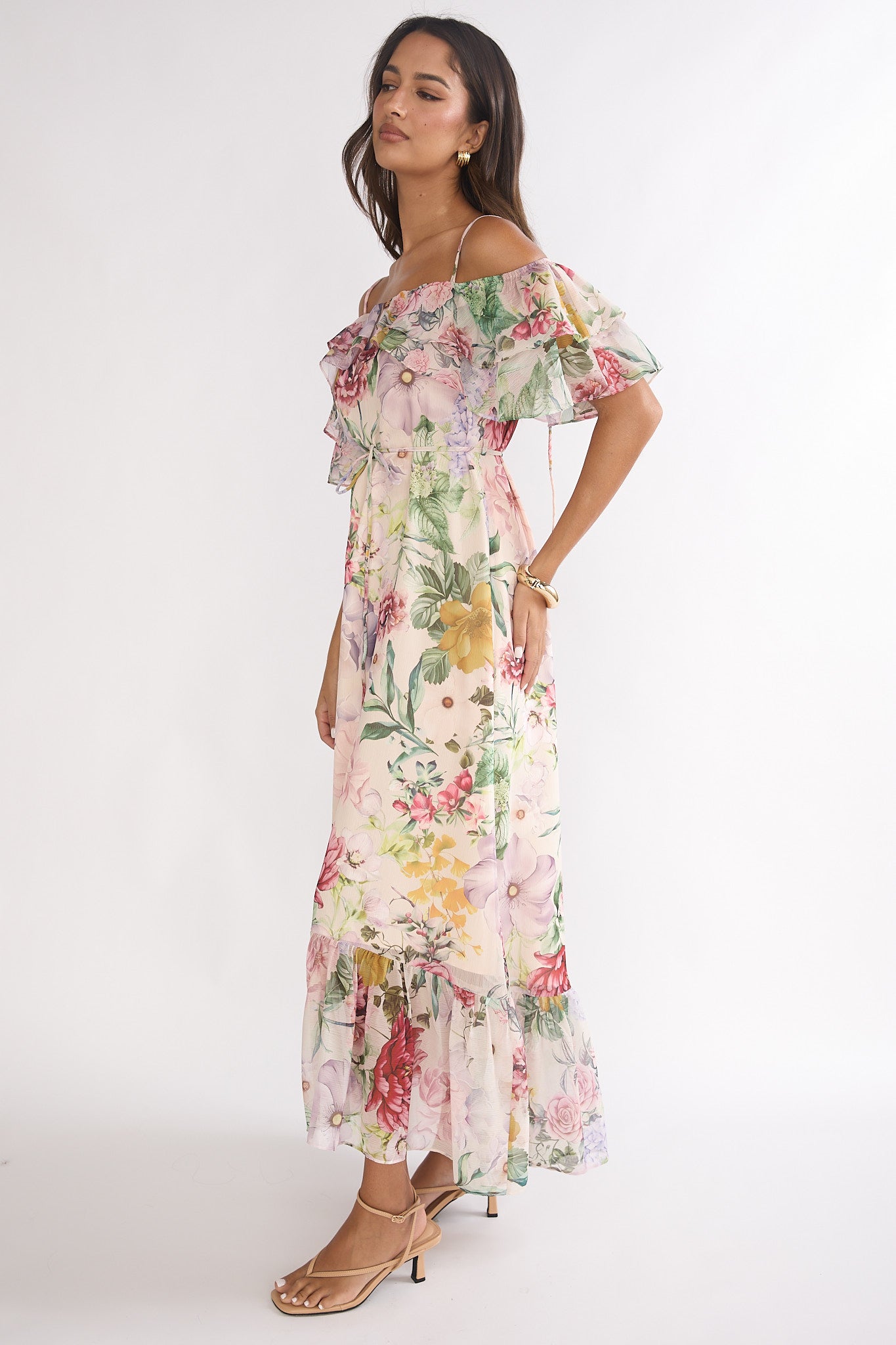 Ivelle Off-Shoulder Ruffle Maxi Dress Floral by Selfie Leslie