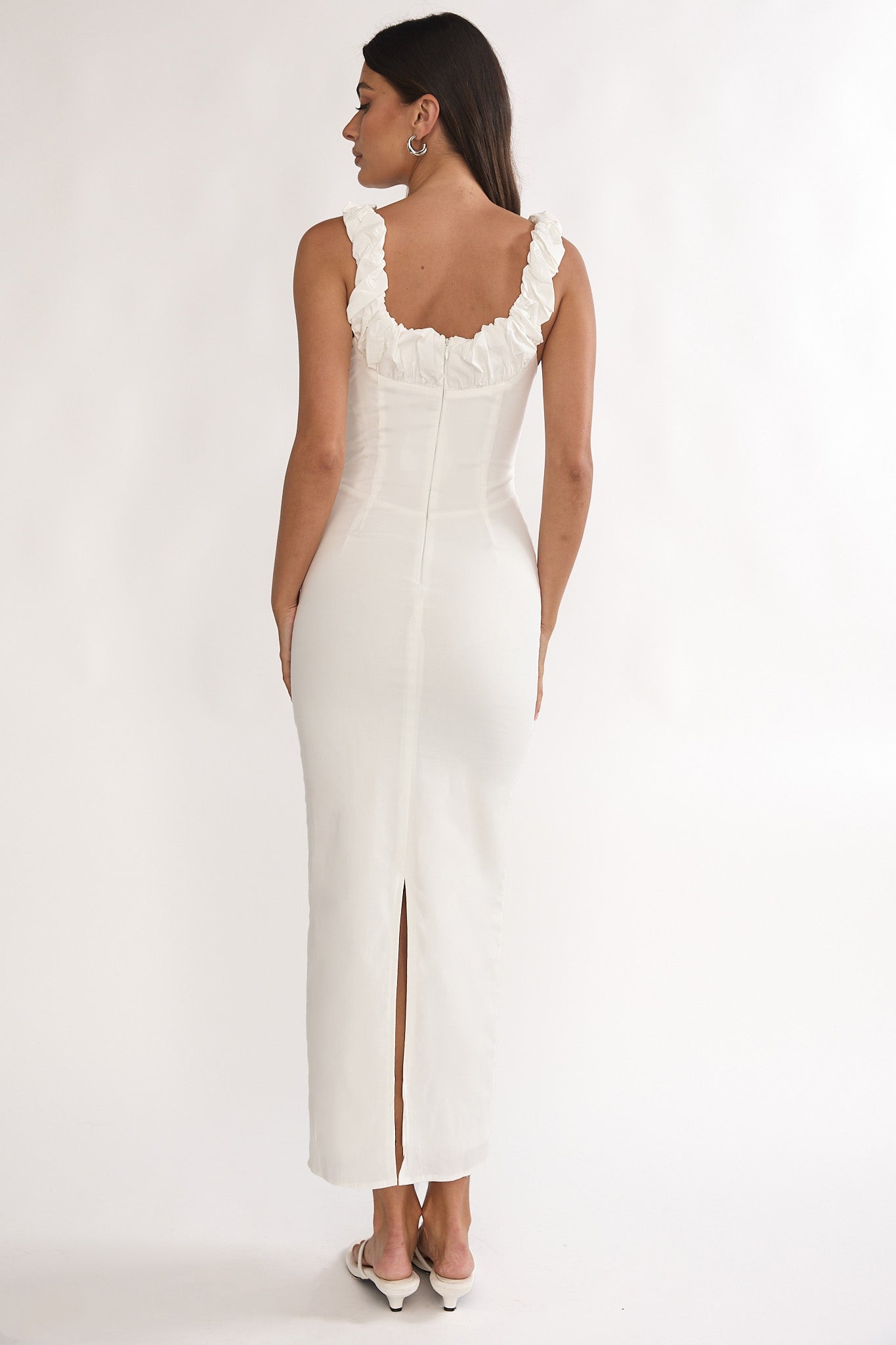 white shirred maxi dress Zabrina Shirred Bust Maxi Dress Off White