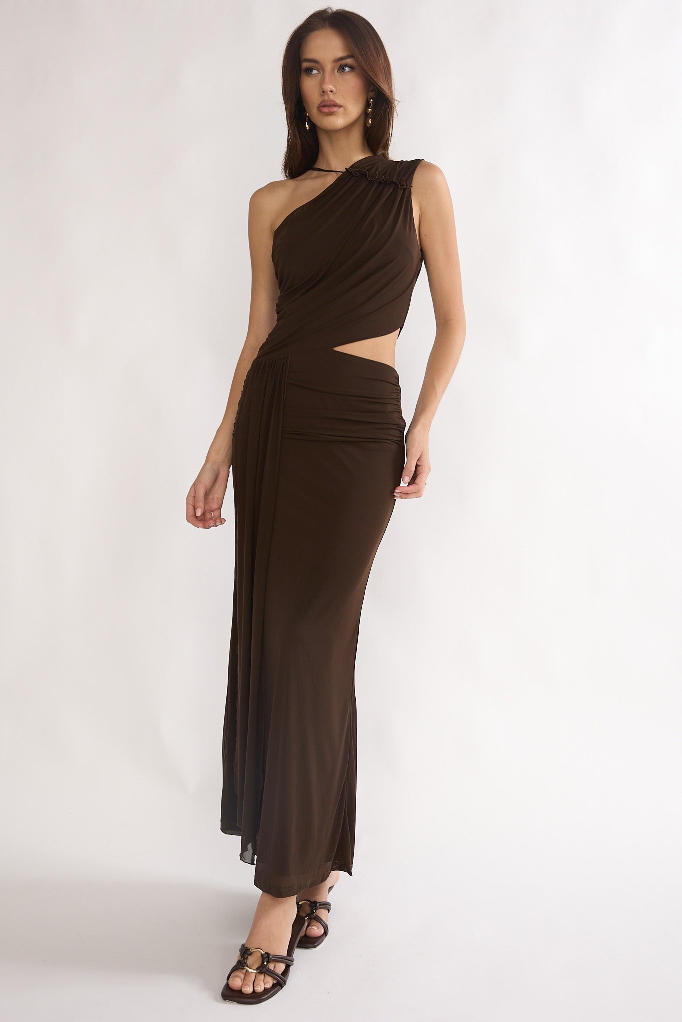 chocolate maxi dress formal Chocolate Brown Satin Maxi Dress, Long Sleeve Twisted Bodice Slit Gown