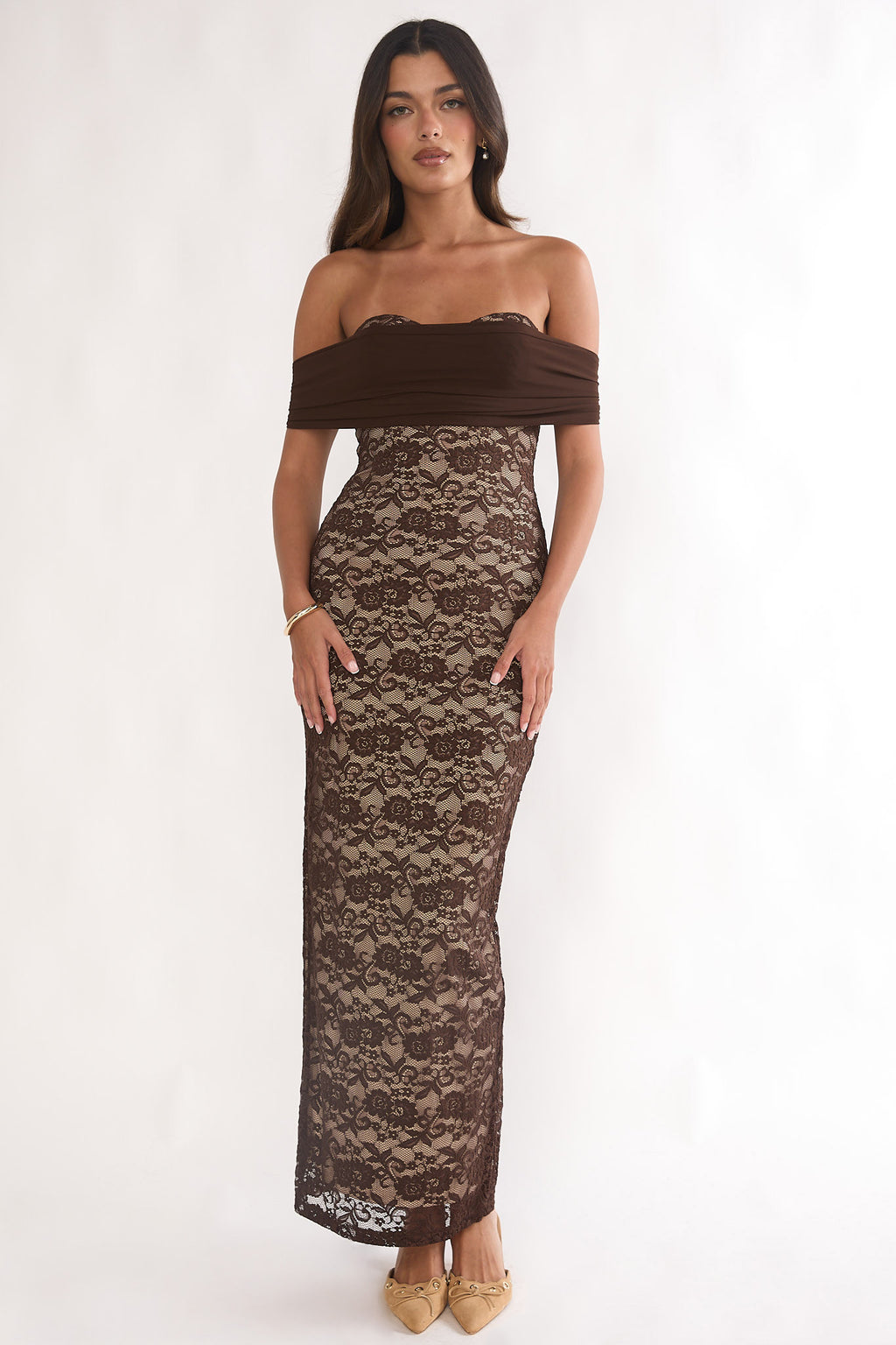 Jewelene Off-Shoulder Maxi Dress Lace Chocolate by Selfie Leslie