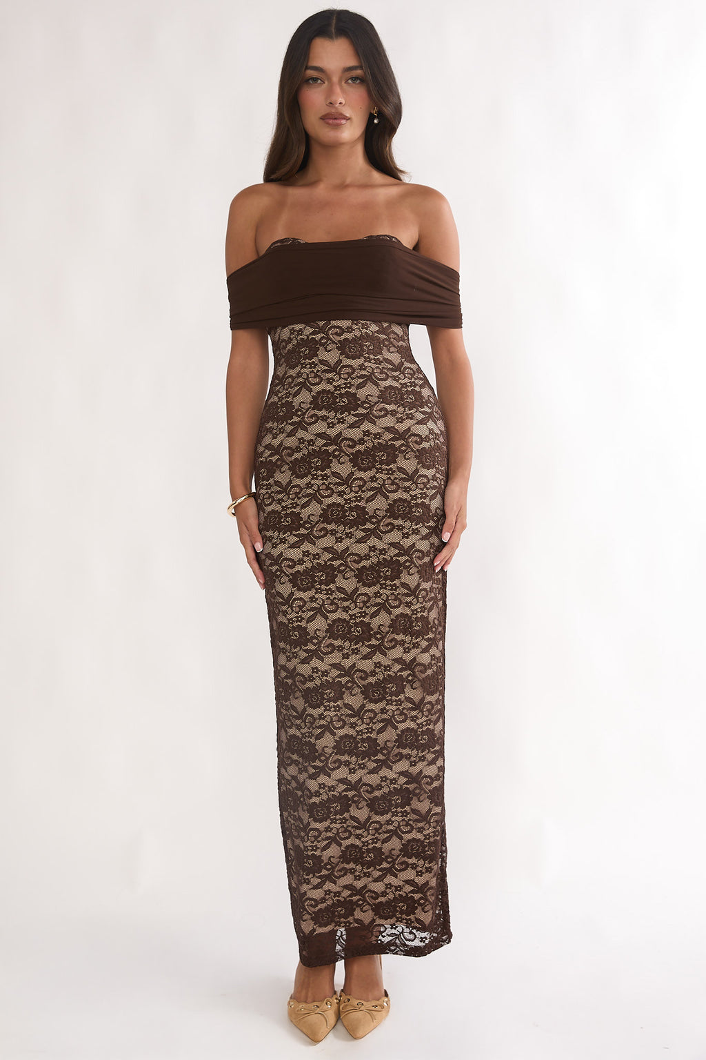 Jewelene Off-Shoulder Maxi Dress Lace Chocolate by Selfie Leslie