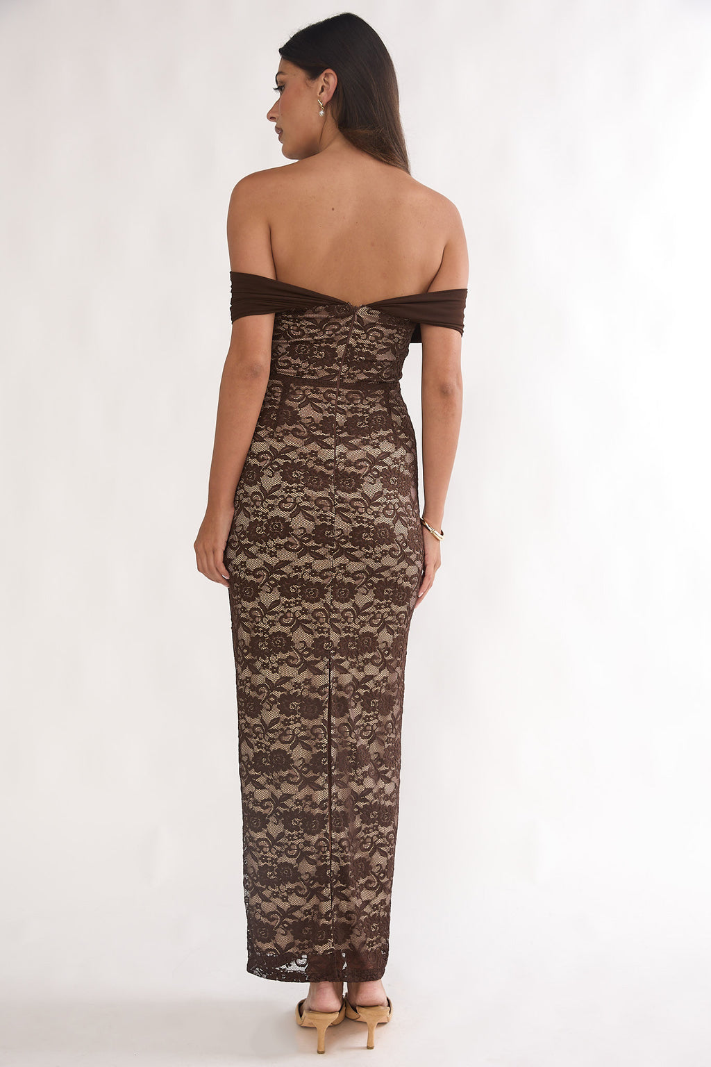 Jewelene Off-Shoulder Maxi Dress Lace Chocolate by Selfie Leslie