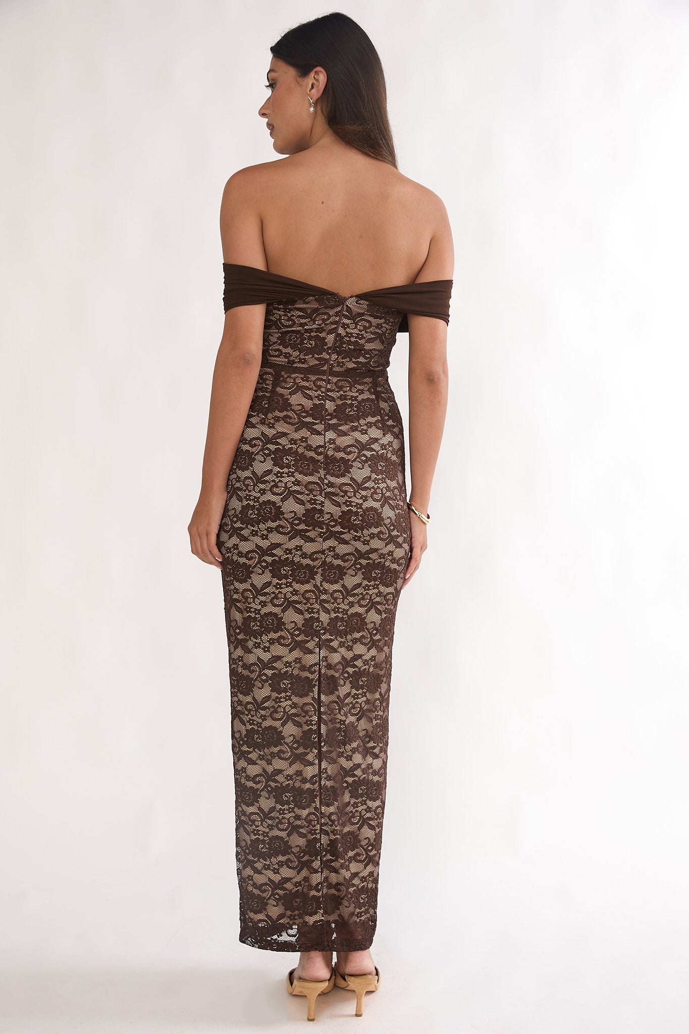 xs off the shoulder dress Jewelene Off-Shoulder Maxi Dress Lace Chocolate