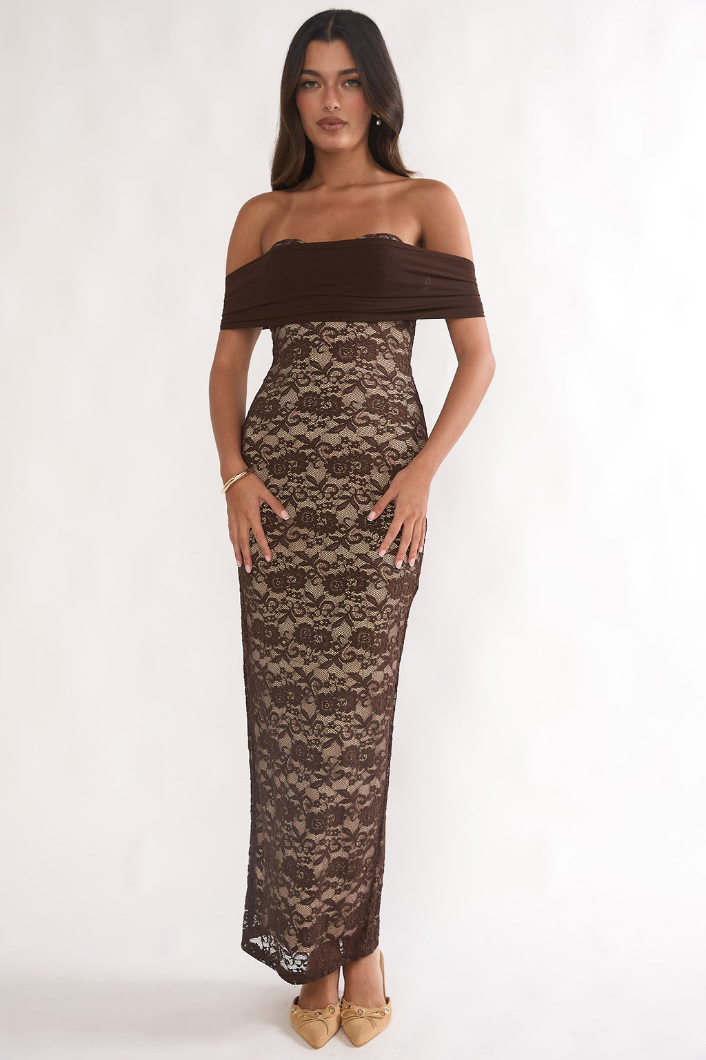 Jewelene Off-Shoulder Maxi Dress Lace Chocolate by Selfie Leslie