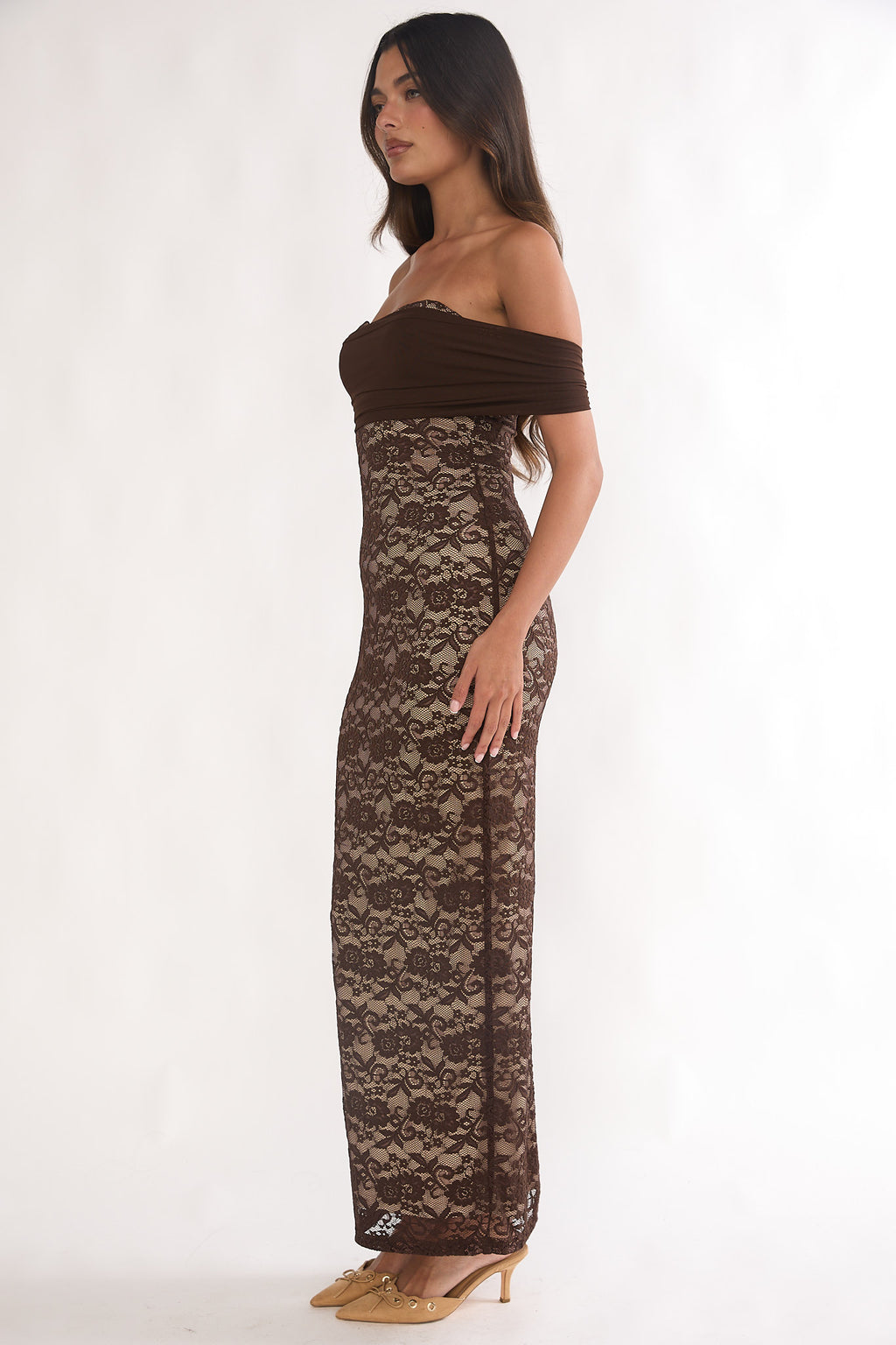 Jewelene Off-Shoulder Maxi Dress Lace Chocolate by Selfie Leslie