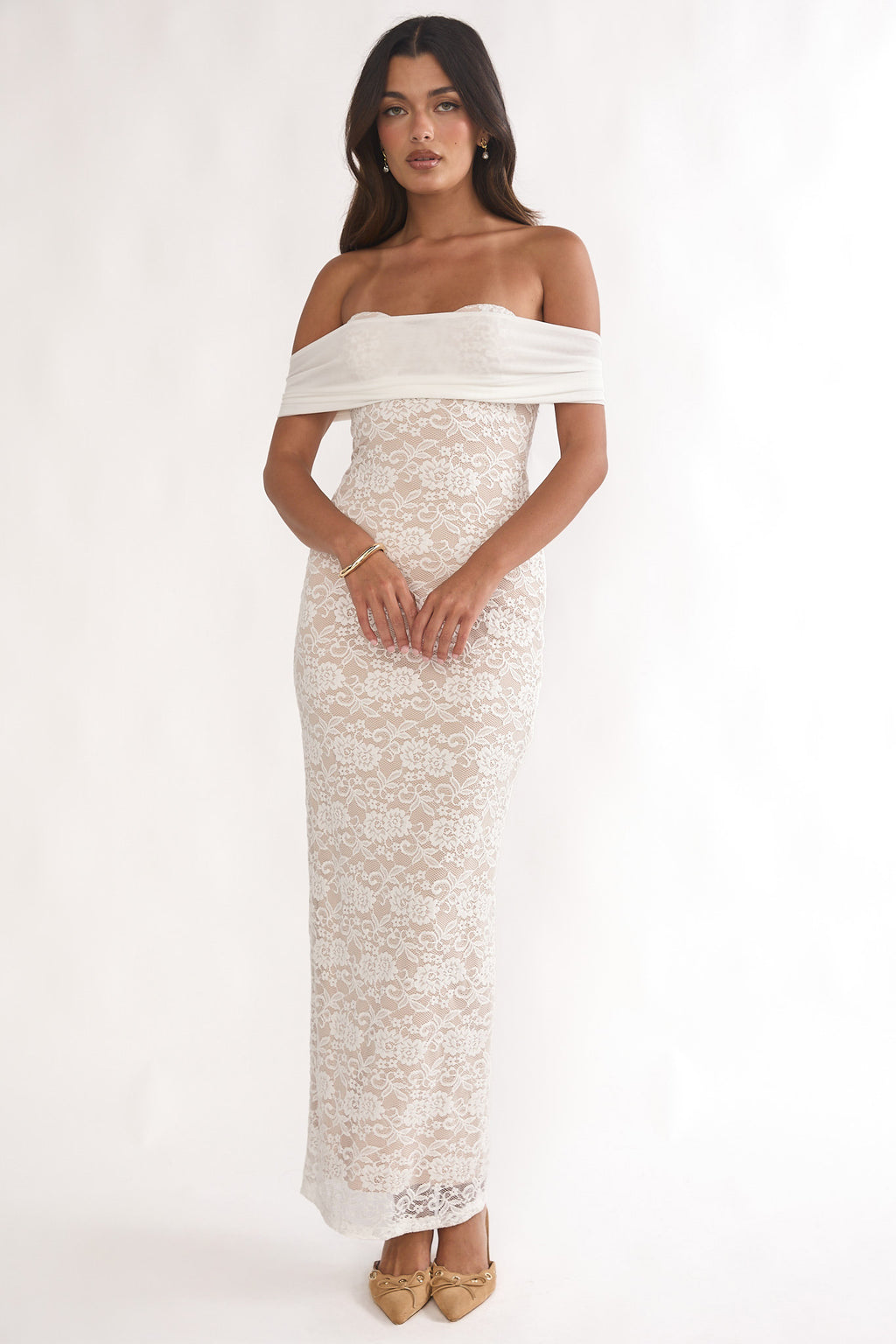 Jewelene Off-Shoulder Maxi Dress Lace White by Selfie Leslie