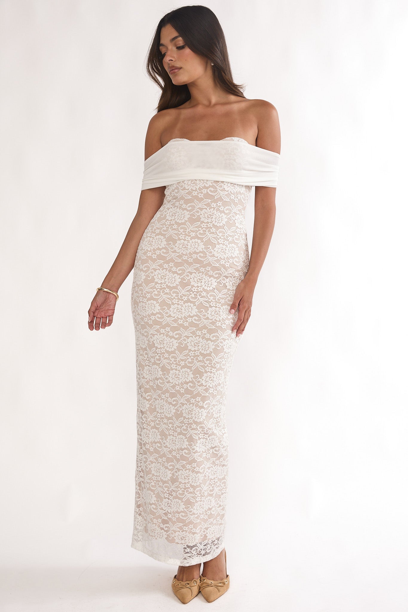 Jewelene Off-Shoulder Maxi Dress Lace White by Selfie Leslie