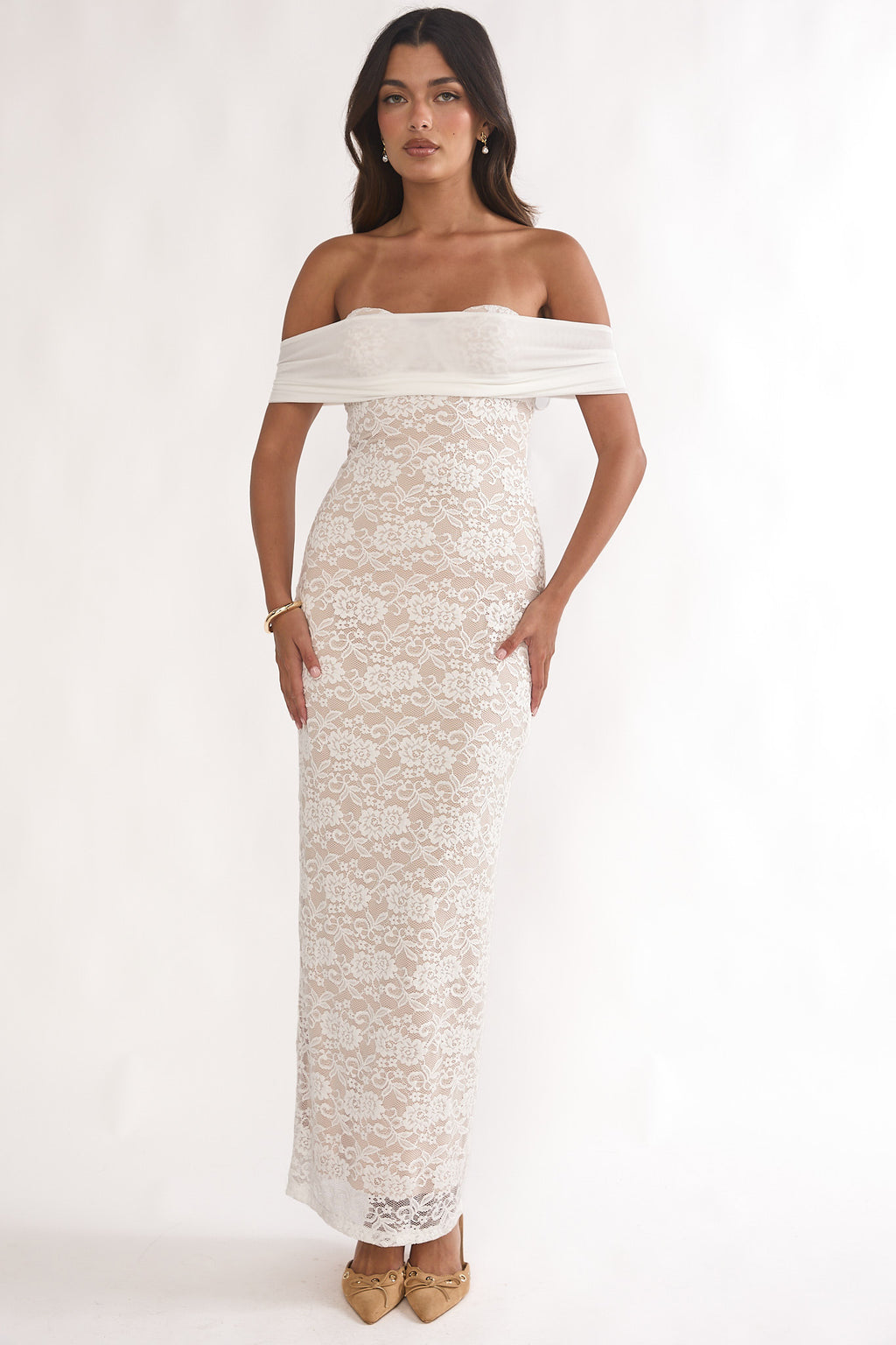 Jewelene Off-Shoulder Maxi Dress Lace White by Selfie Leslie