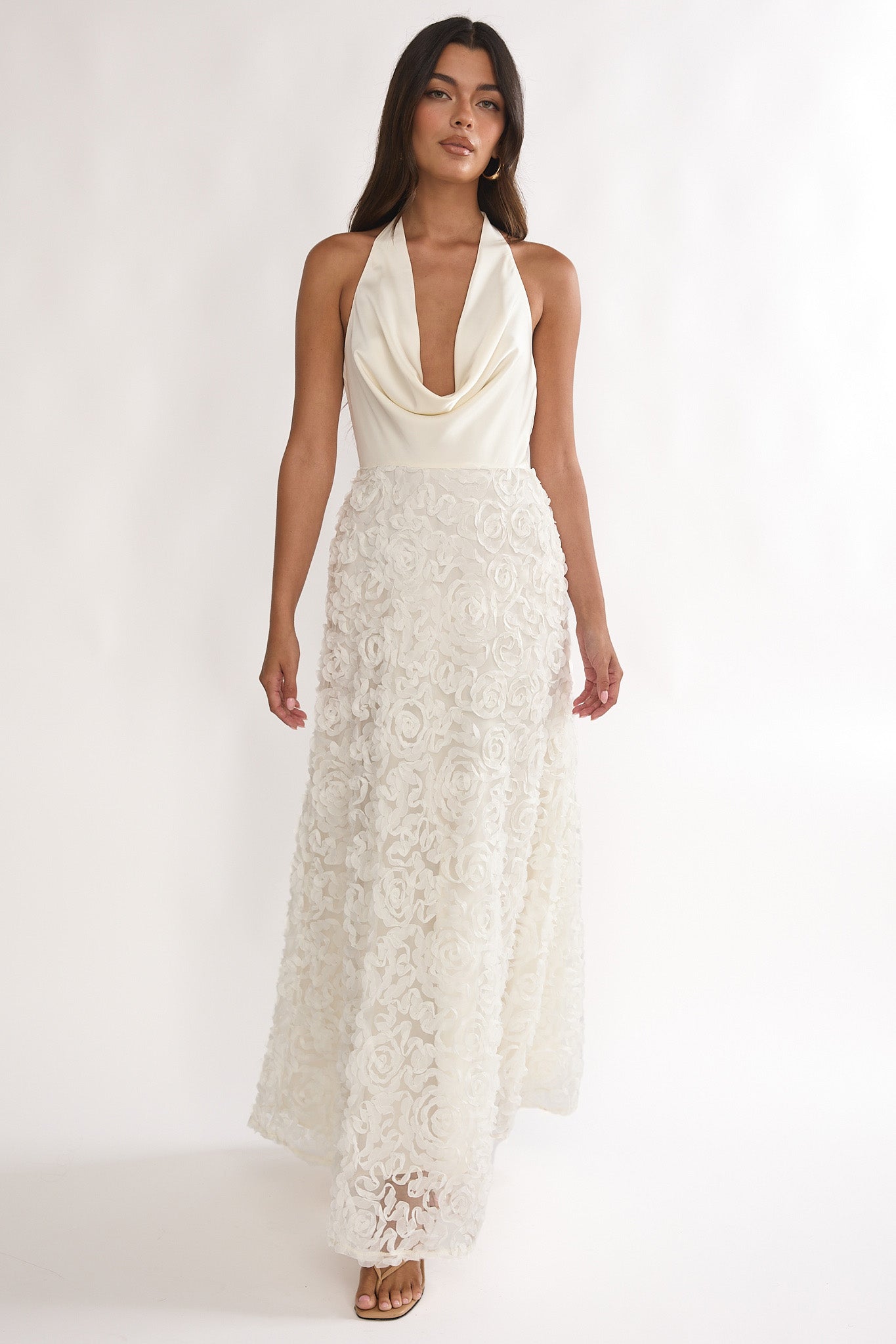 white halter maxi dress Lucerne Cowl Embellished Ivory Size:17-17.5-36-37 Guieoi Summer Dresses for complemented by a button B2B_Sync