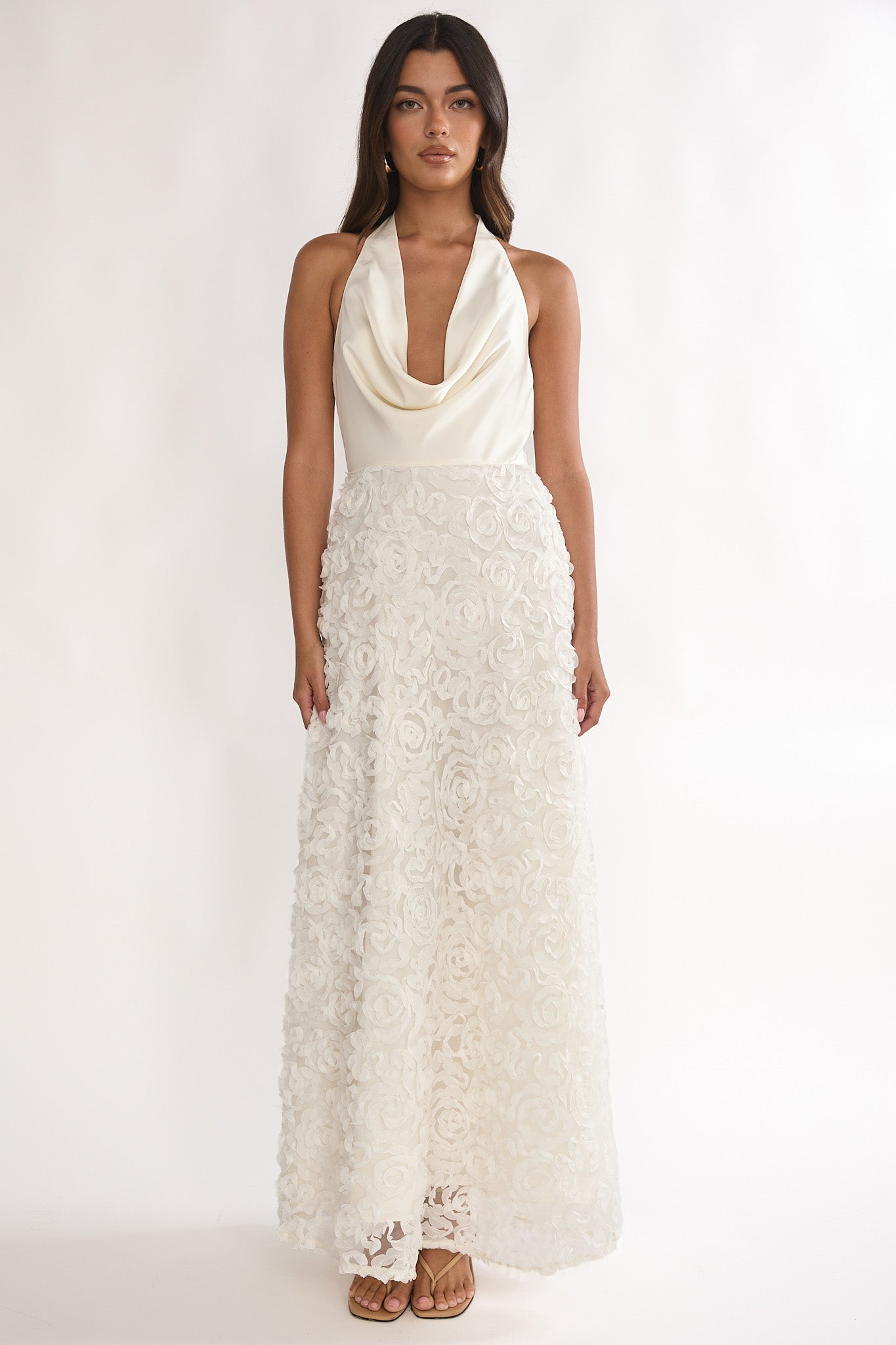 Lucerne Cowl Halter Maxi Dress Embellished Ivory - XS Lucerne Cowl Halter Maxi Dress Embellished Ivory - XS