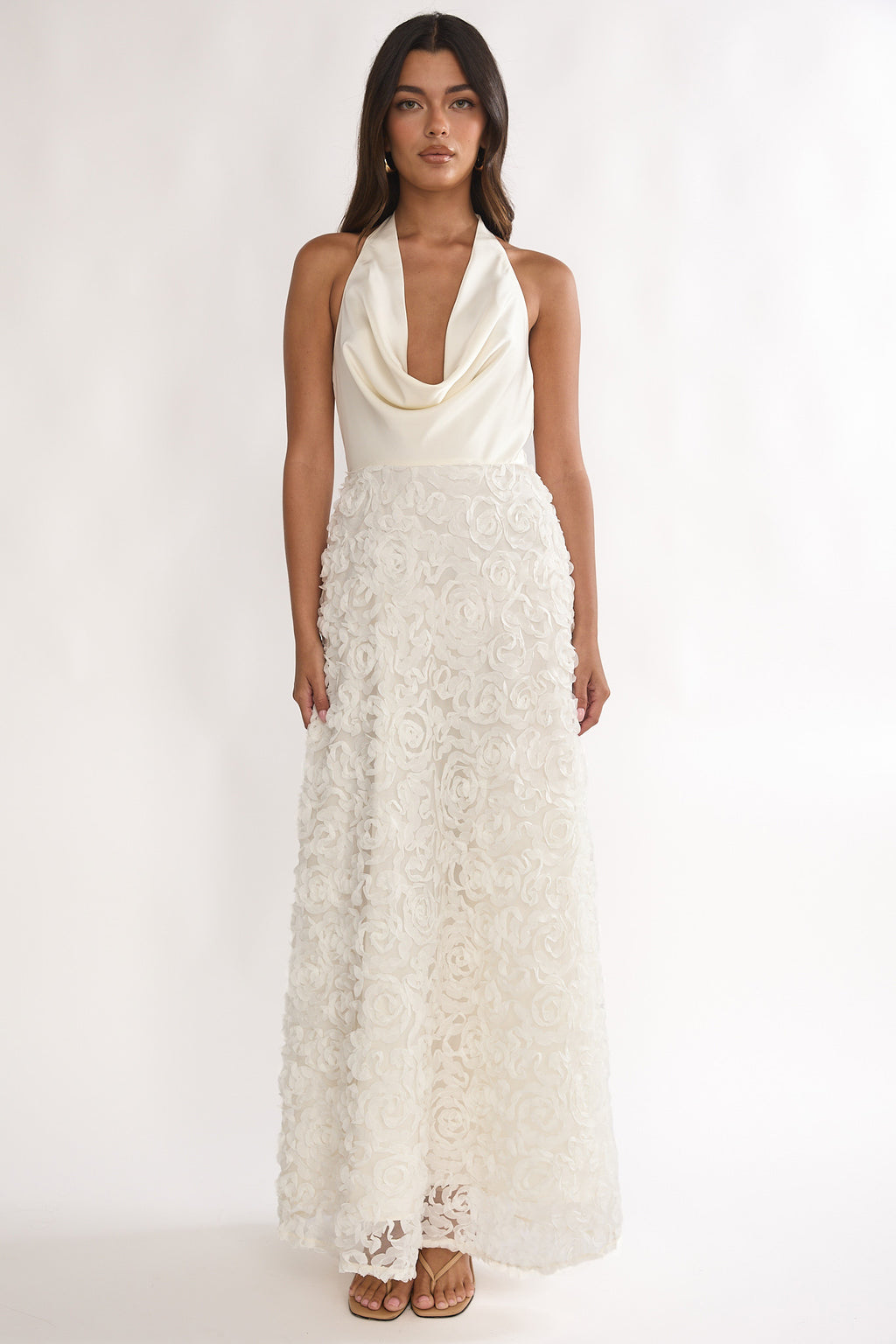 maxi halter top dress Lucerne Cowl Halter Maxi Dress Embellished Ivory