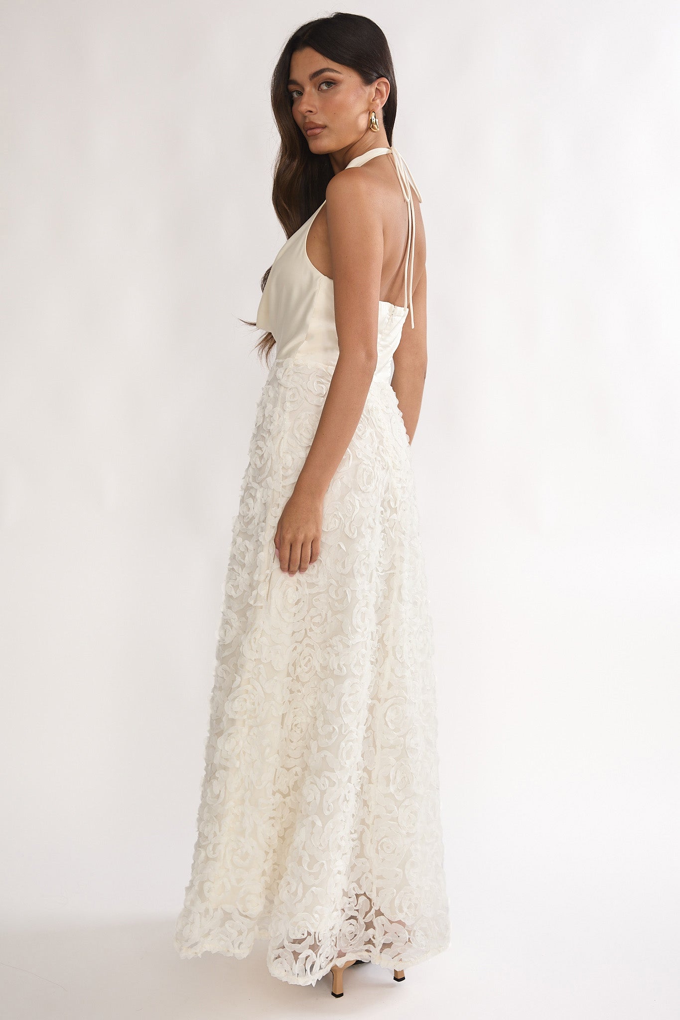 Lucerne Cowl Halter Maxi Dress Embellished Ivory - XS Lucerne Cowl Halter Maxi Dress Embellished Ivory - XS