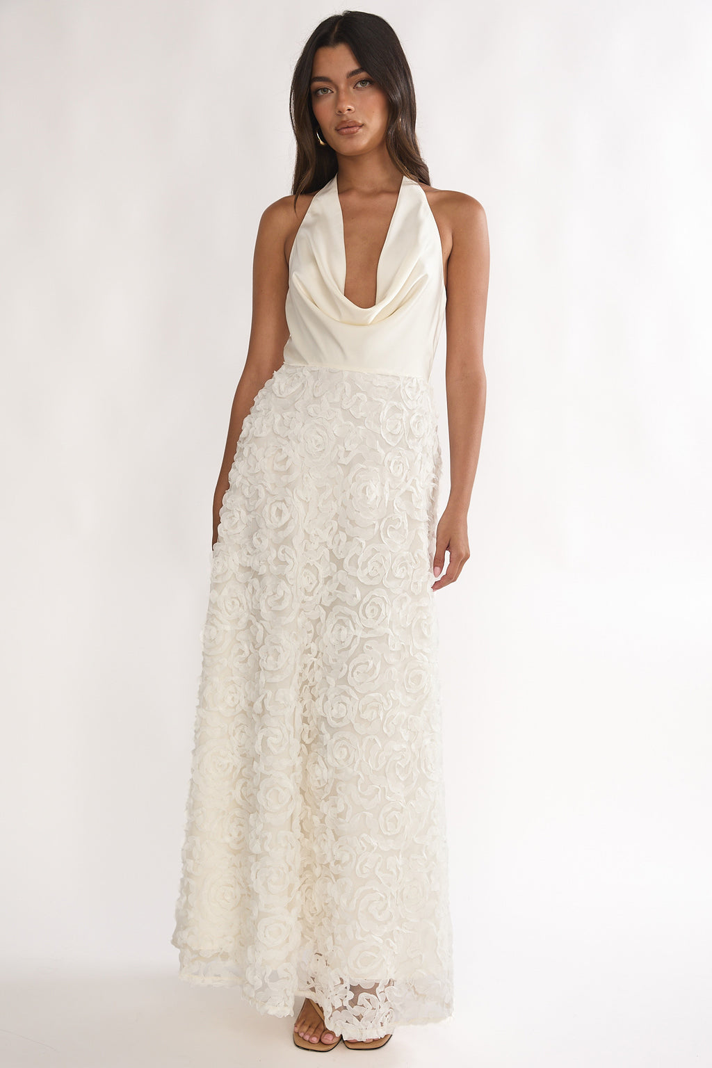 la rochette embellished bandeau cowl neck maxi dress in ivory La Rochette Embellished Bandeau Dress Oh Polly Dresses Oh Polly Embellished Bandeau Cowl Neck Maxi