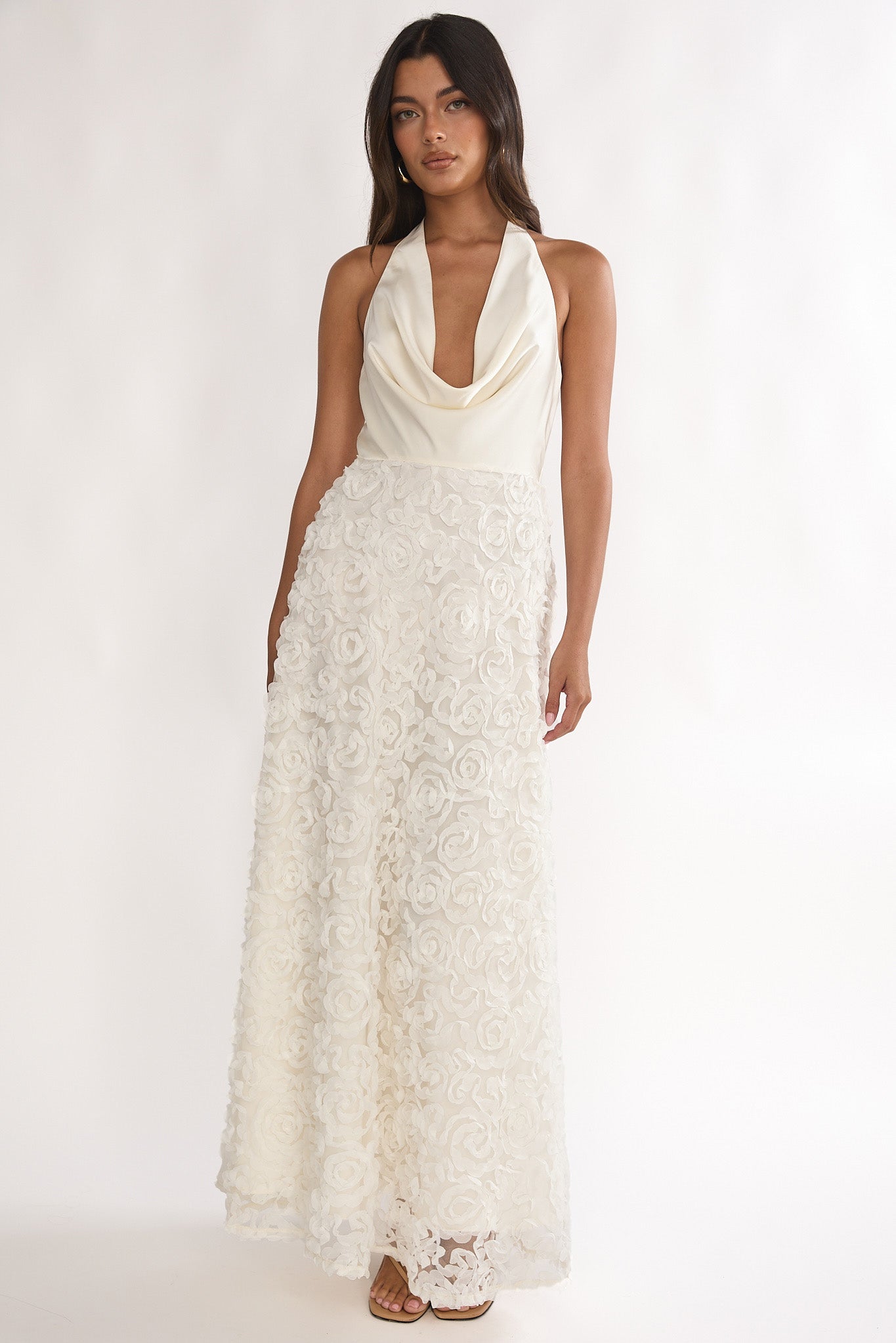 Lucerne Cowl Halter Maxi Dress Embellished Ivory - XS Lucerne Cowl Halter Maxi Dress Embellished Ivory - XS