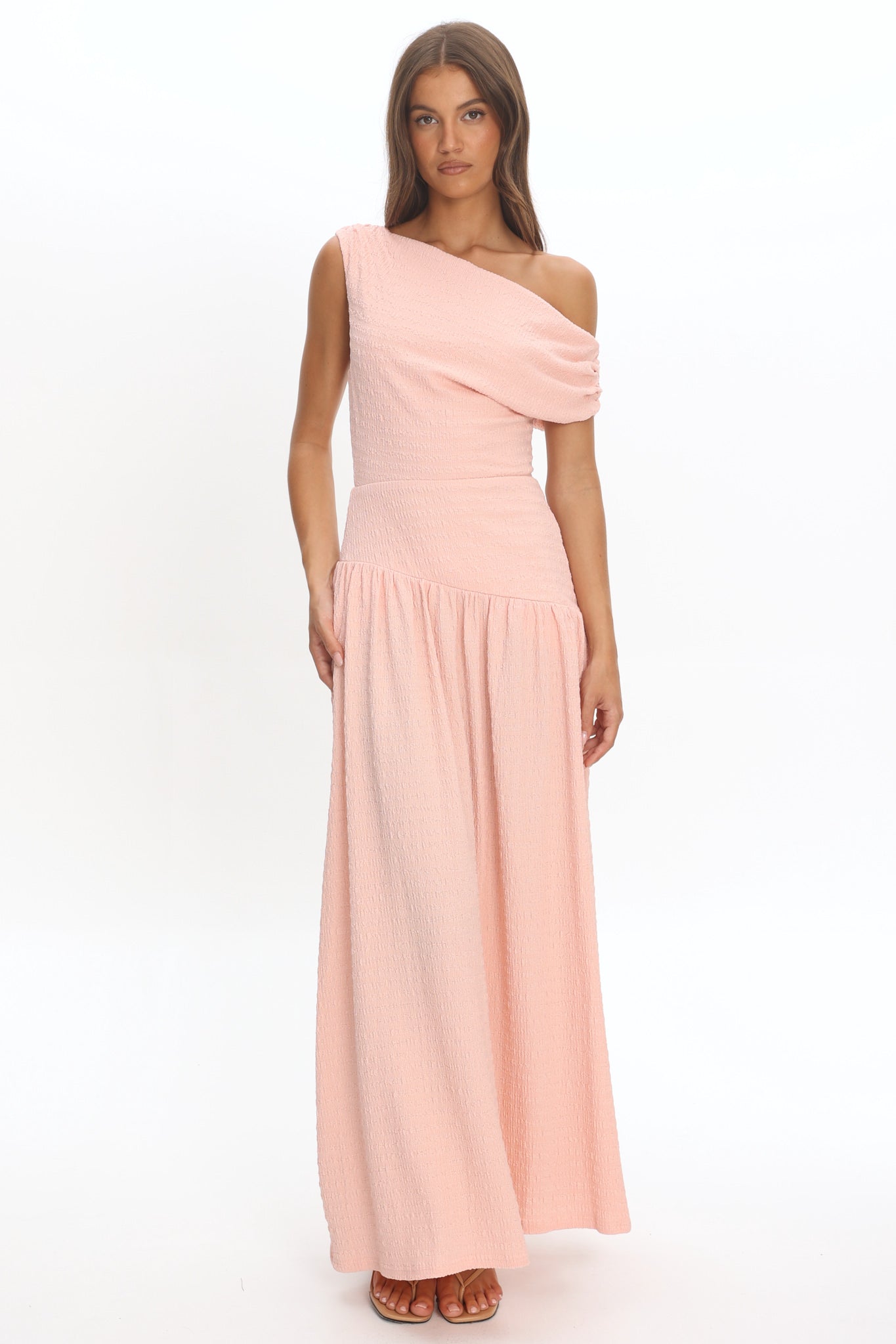 Shop the Kloe Asymmetric Shoulder Textured Maxi Dress Peach