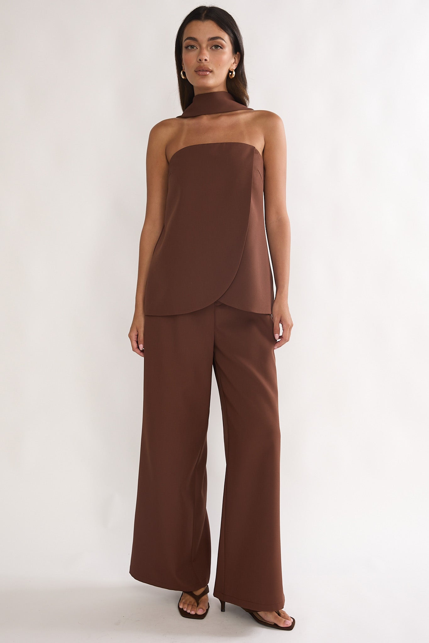 Florene Strapless Split Scarf Pants Chocolate by Selfie Leslie