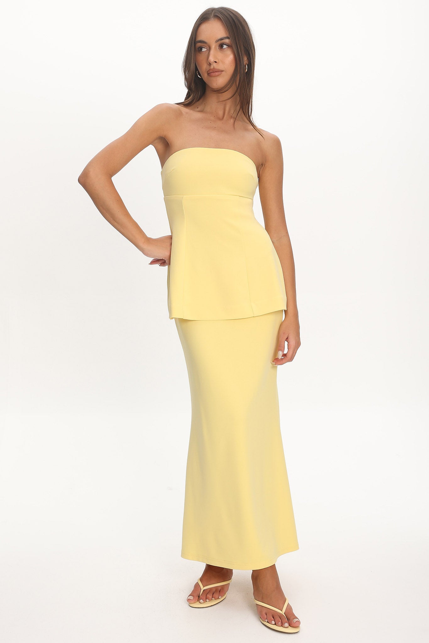 butter yellow strapless maxi dress Vicci Strapless Flared Waist Maxi Dress Butter