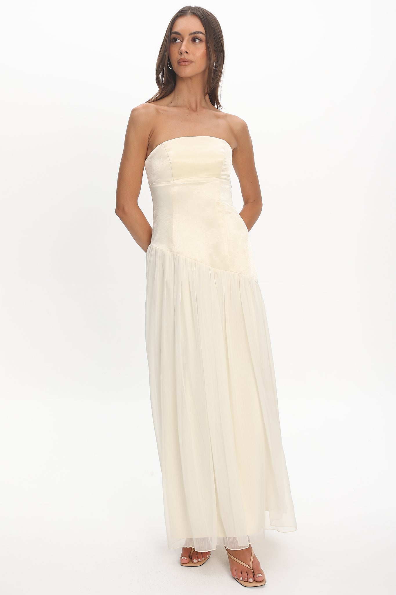 Karielle Asymmetric Drop Waist Maxi Dress Butter– Selfie Leslie
