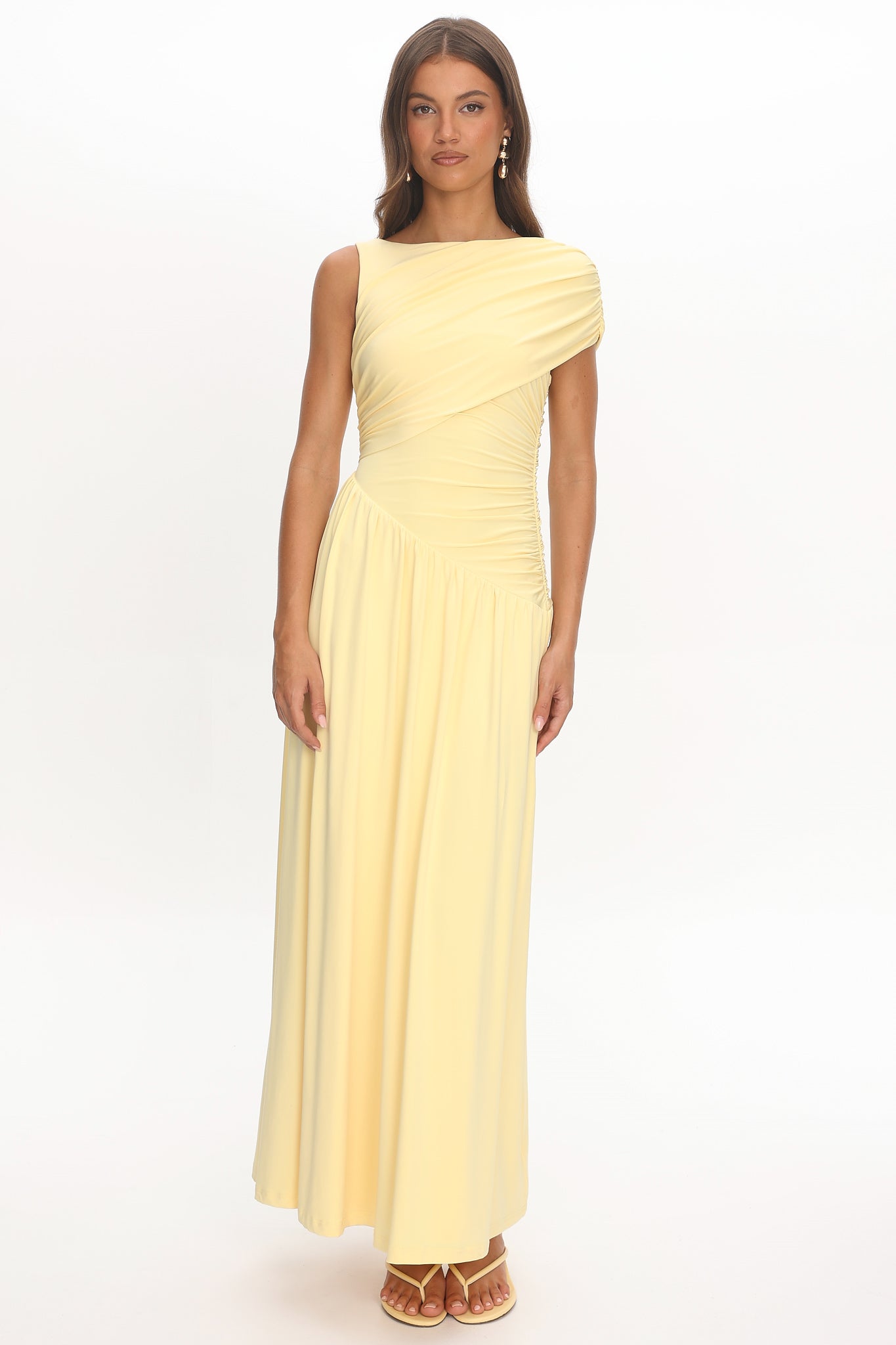 asymmetric yellow dress Adiel Ruched Waist Maxi Butter pick your regular size Lucy in The Sky Missmay Size:l(40)