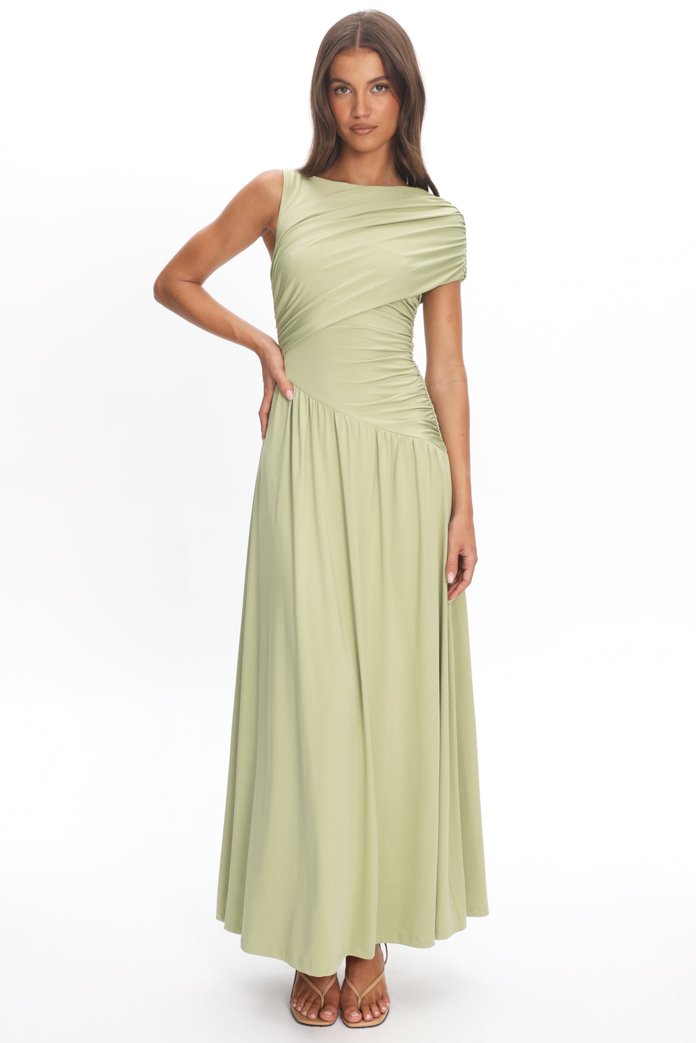 maxi olive green dress Adiel Ruched Asymmetric Waist Maxi Dress Olive