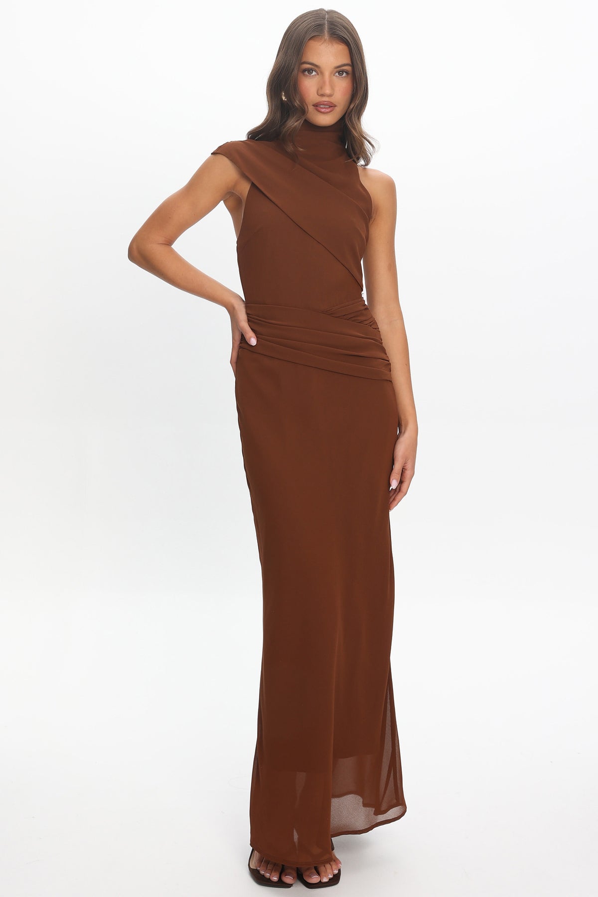 high neck brown formal dress Renata Maxi Cocoa This stunning dress features