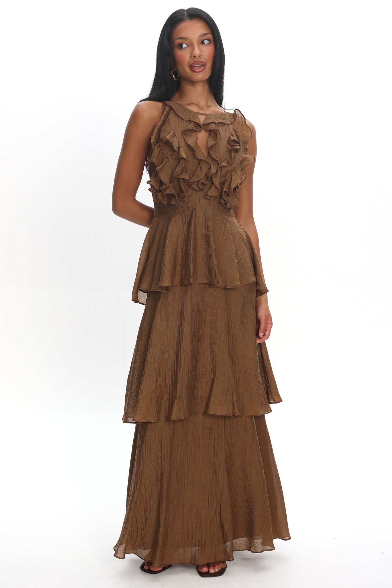 Aurika Tiered Ruffle Maxi Dress Coffee | Selfie Leslie