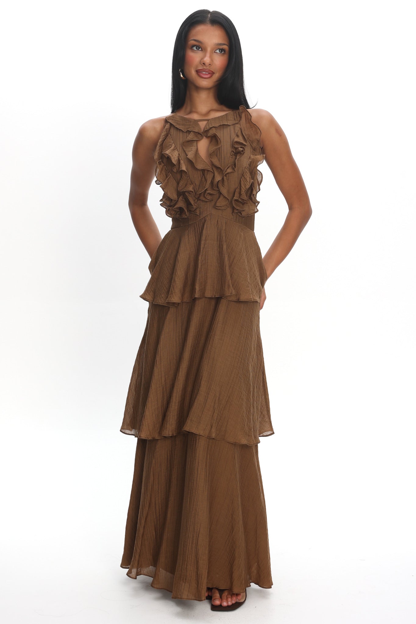 Aurika Tiered Ruffle Maxi Dress Coffee | Selfie Leslie