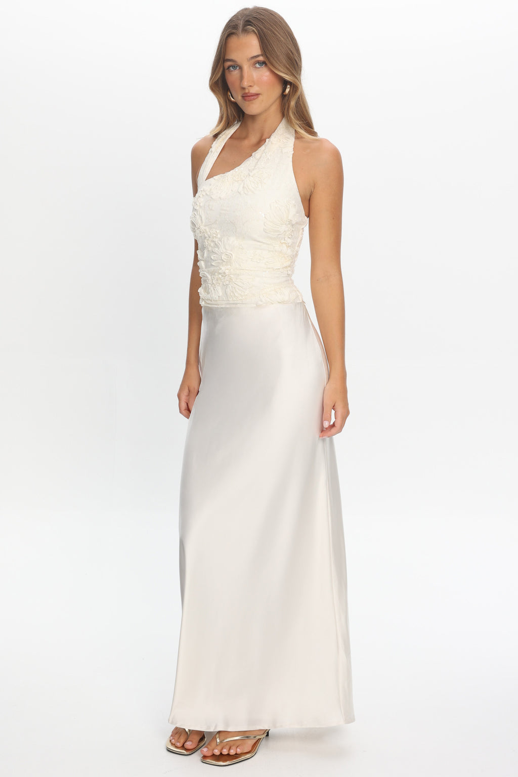 Rejina Asymmetric Neckline Embellished Maxi Dress Off White