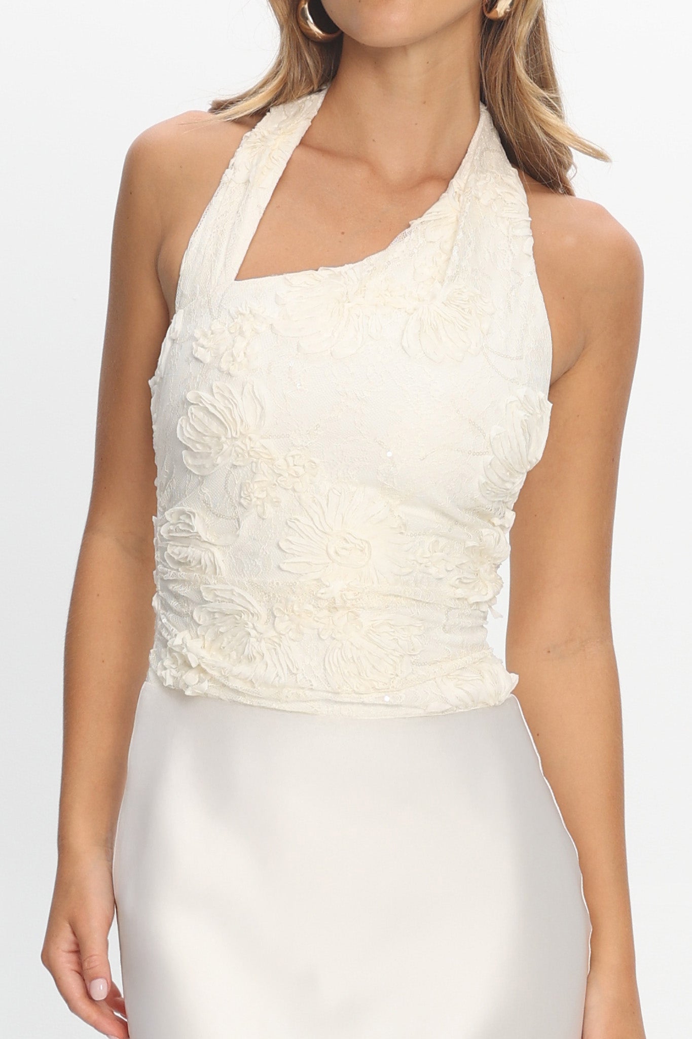 Rejina Asymmetric Neckline Embellished Maxi Dress Off White