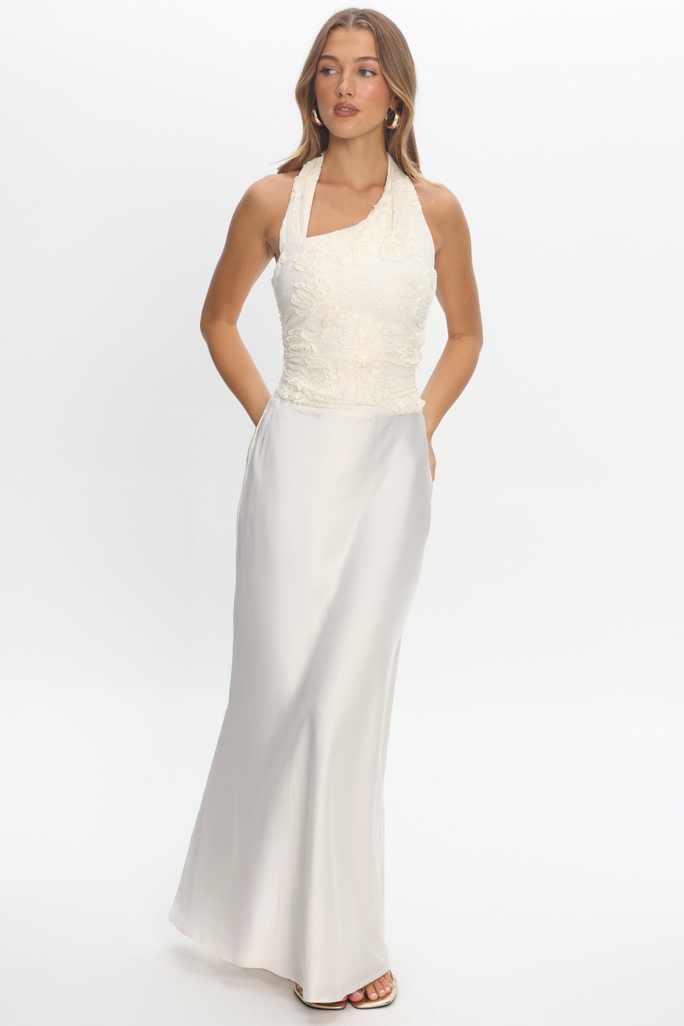 Rejina Asymmetric Neckline Embellished Maxi Dress Off White