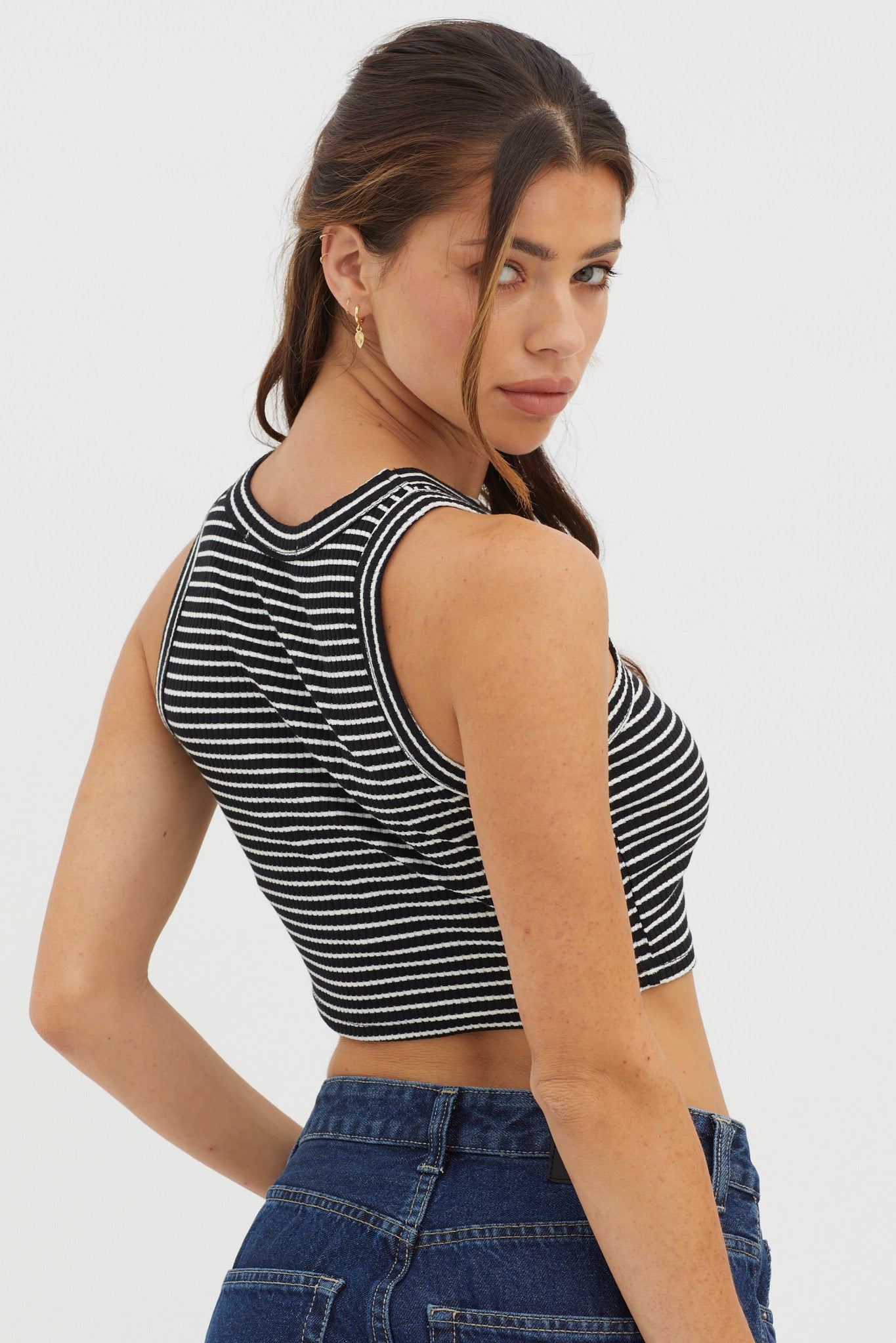 Seeker Ribbed Crop Top Striped Black Base by Selfie Leslie