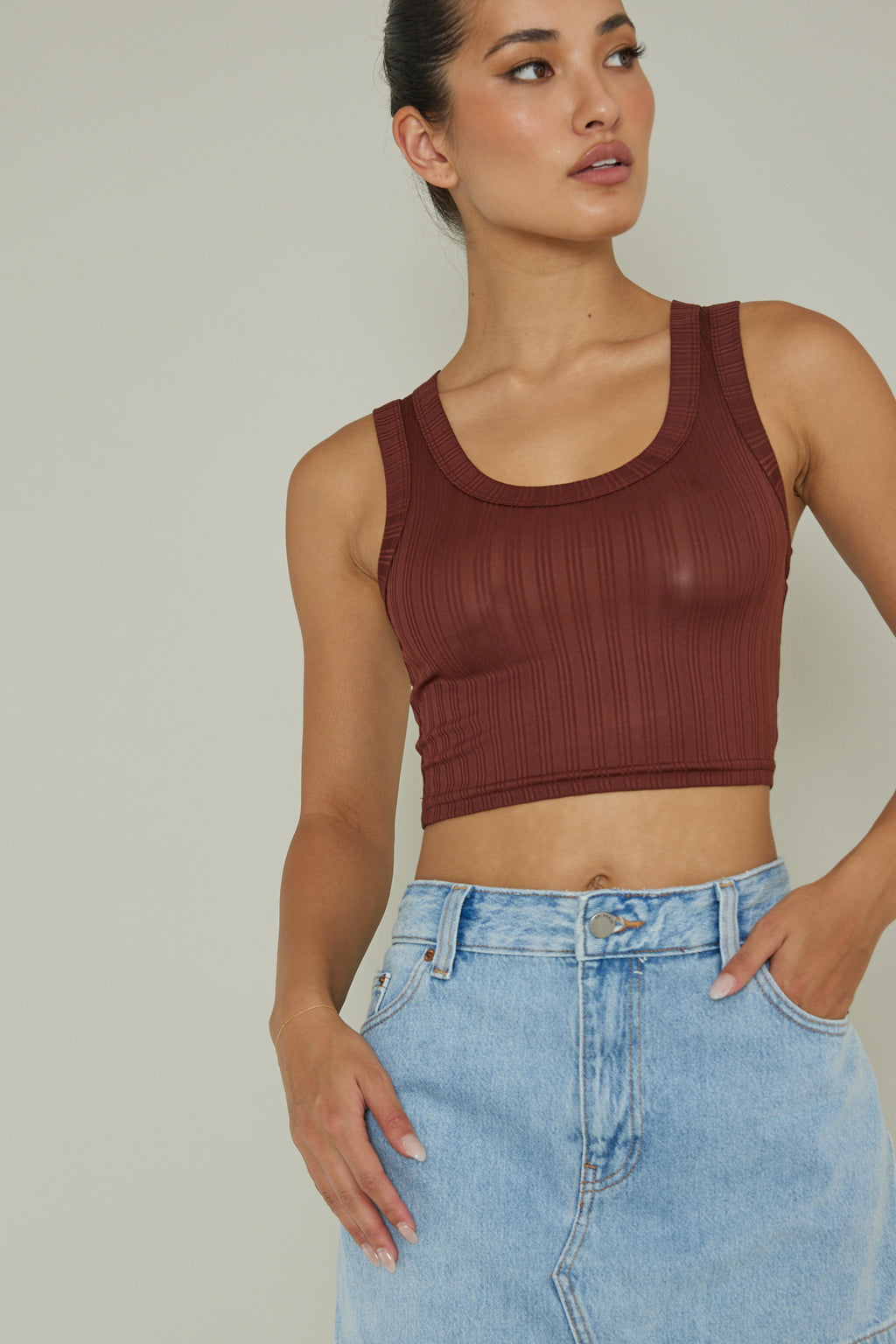 In Sync Scoop Neck Crop Top Chocolate by Selfie Leslie