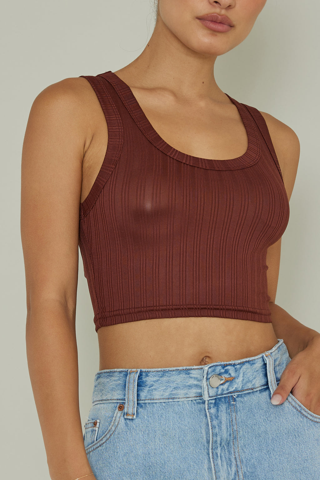 In Sync Scoop Neck Crop Top Chocolate by Selfie Leslie