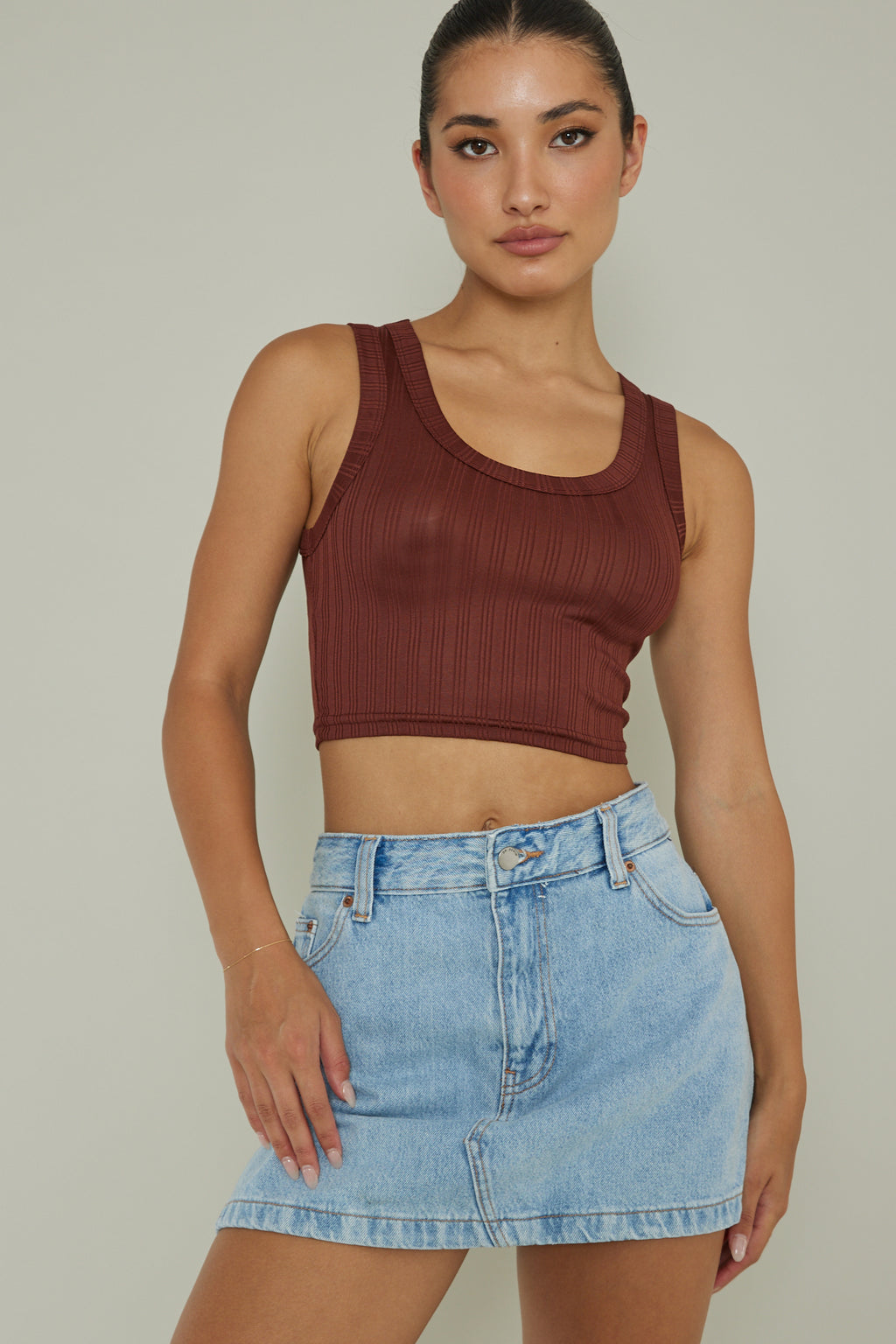 In Sync Scoop Neck Crop Top Chocolate by Selfie Leslie