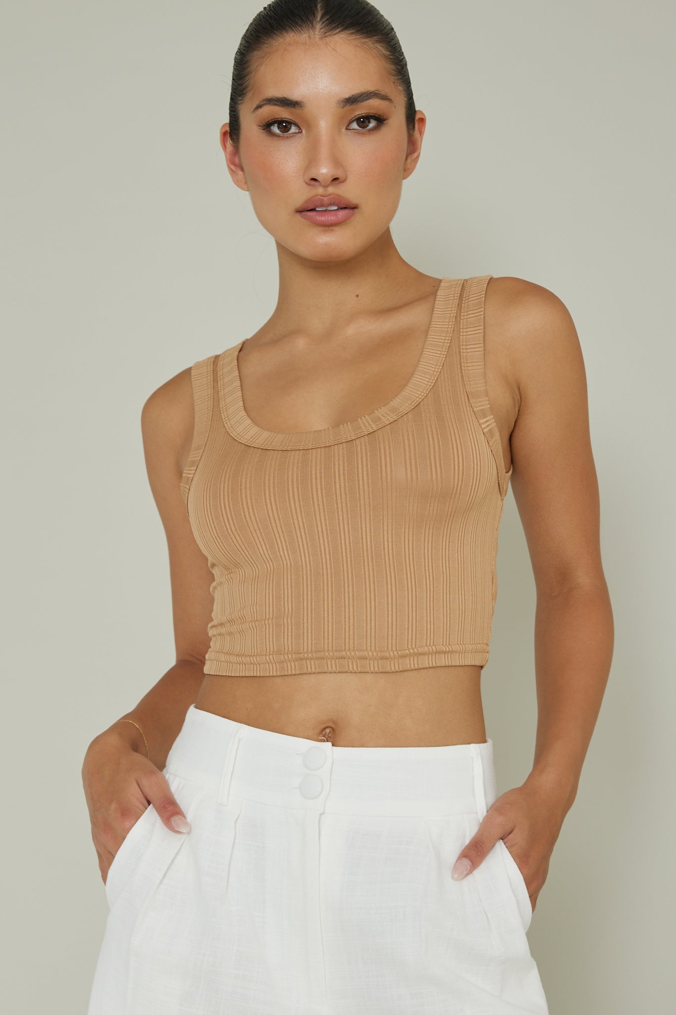 In Sync Scoop Neck Crop Top Mocha by Selfie Leslie
