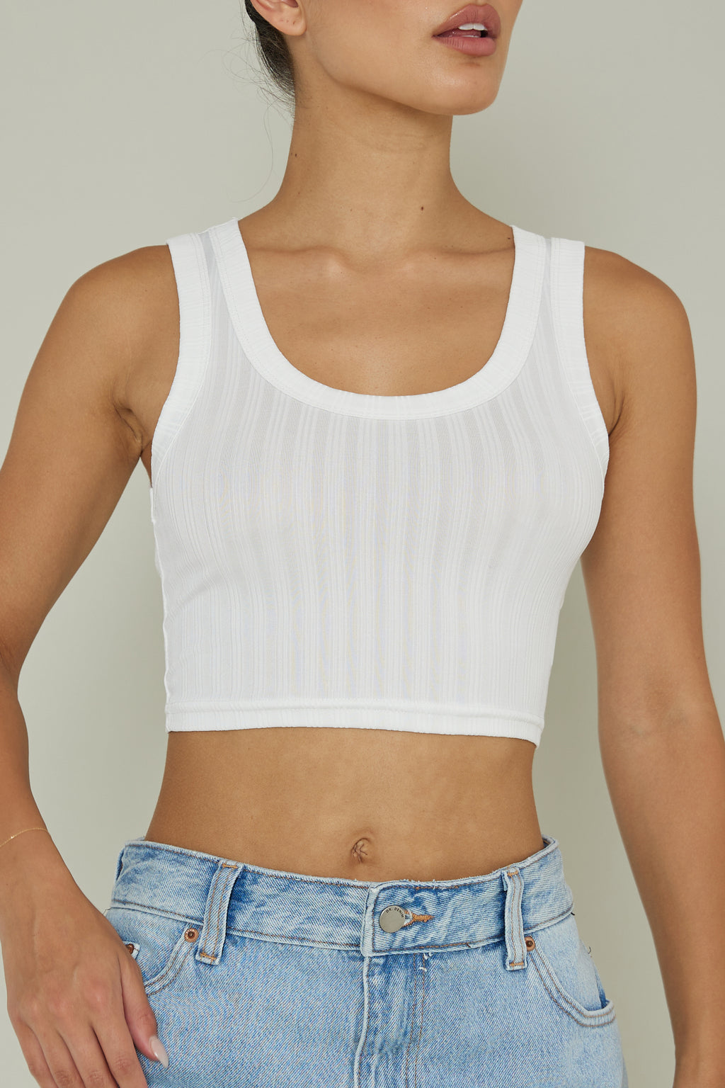 In Sync Scoop Neck Crop Top White by Selfie Leslie