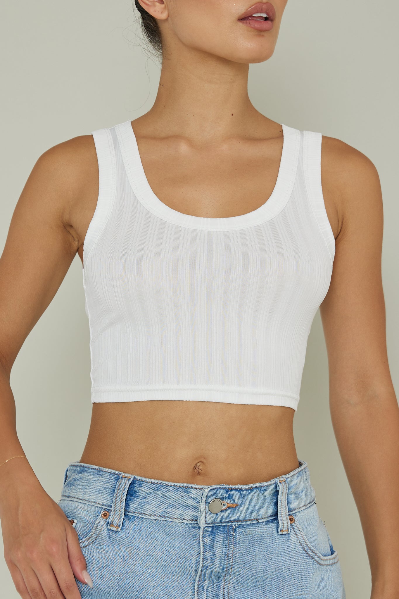 In Sync Scoop Neck Crop Top White by Selfie Leslie