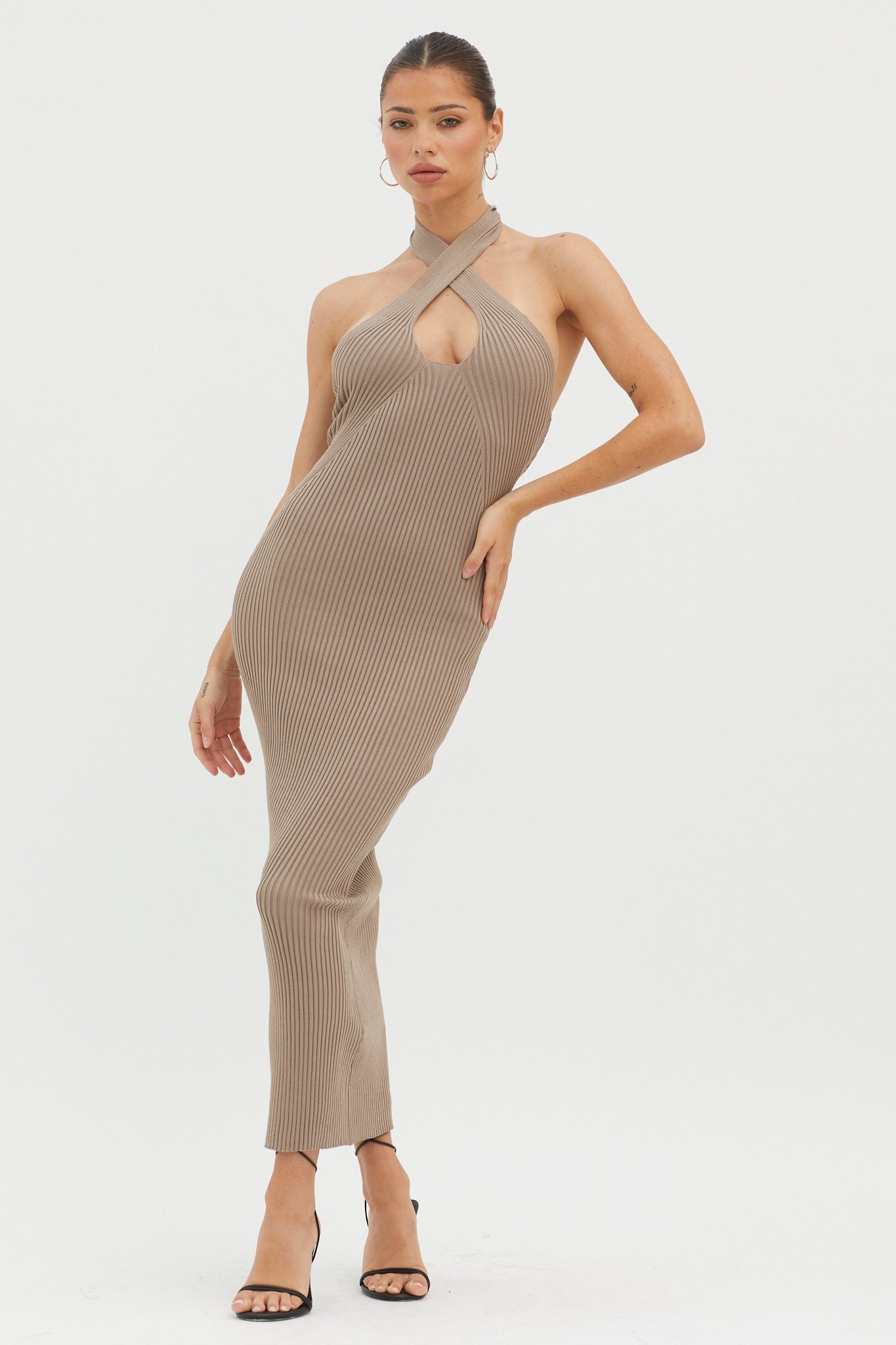 Lovelock Halterneck Ribbed Knit Midi Dress Latte by Selfie Leslie