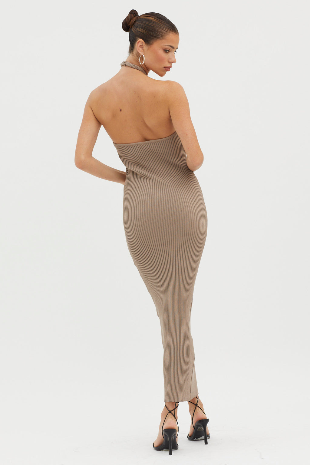 Lovelock Halterneck Ribbed Knit Midi Dress Latte by Selfie Leslie
