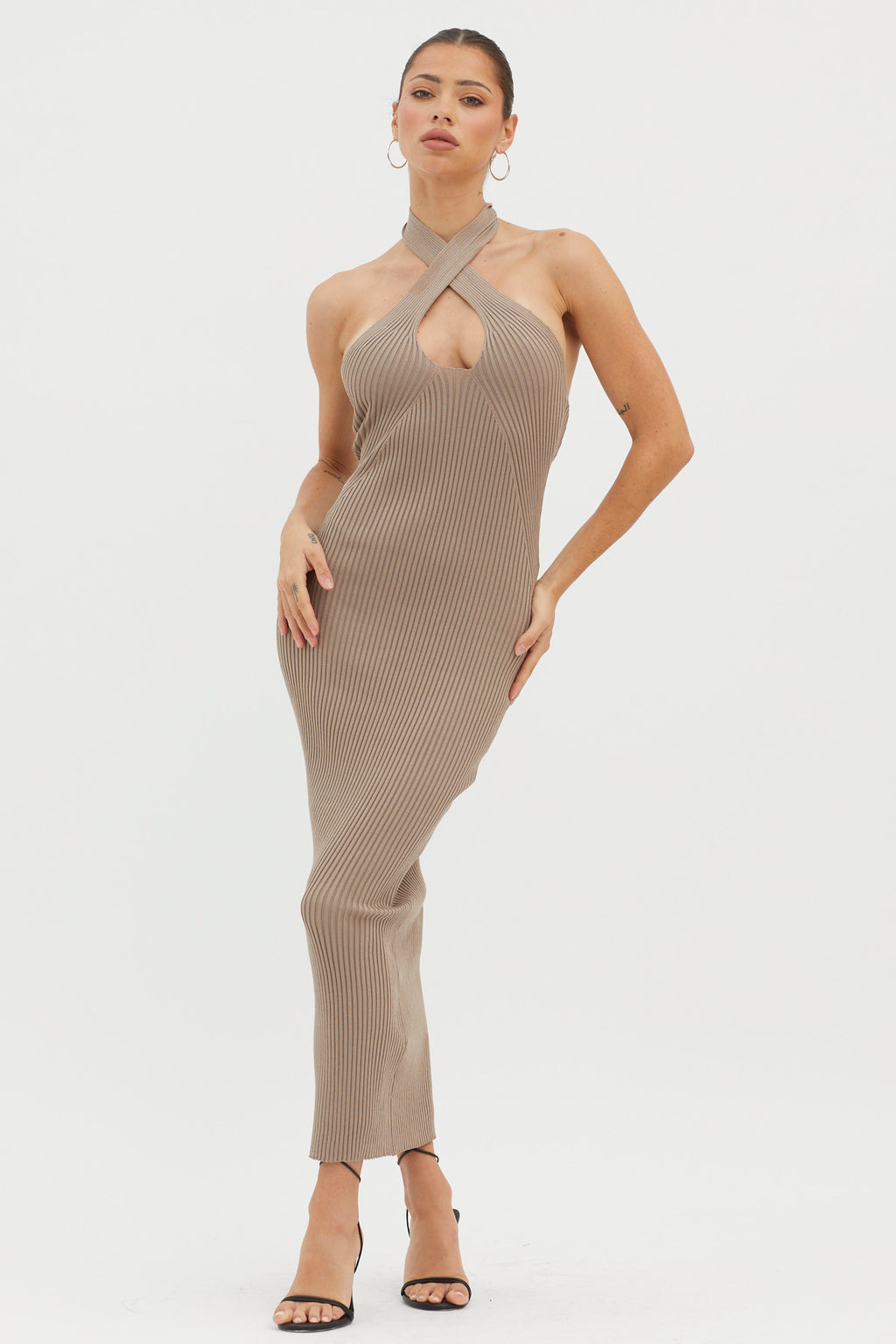 Lovelock Halterneck Ribbed Knit Midi Dress Latte by Selfie Leslie
