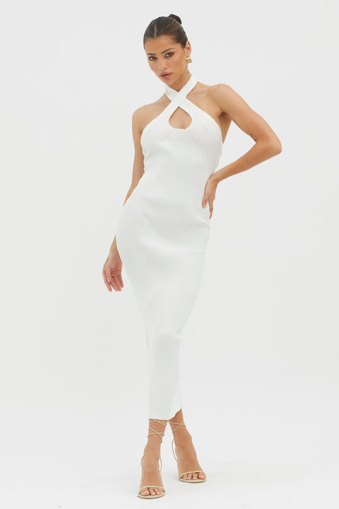 White Midi Dress PAXTON DISCO HALTER NECK PU MIDI DRESS IN WHITE  AKIRA