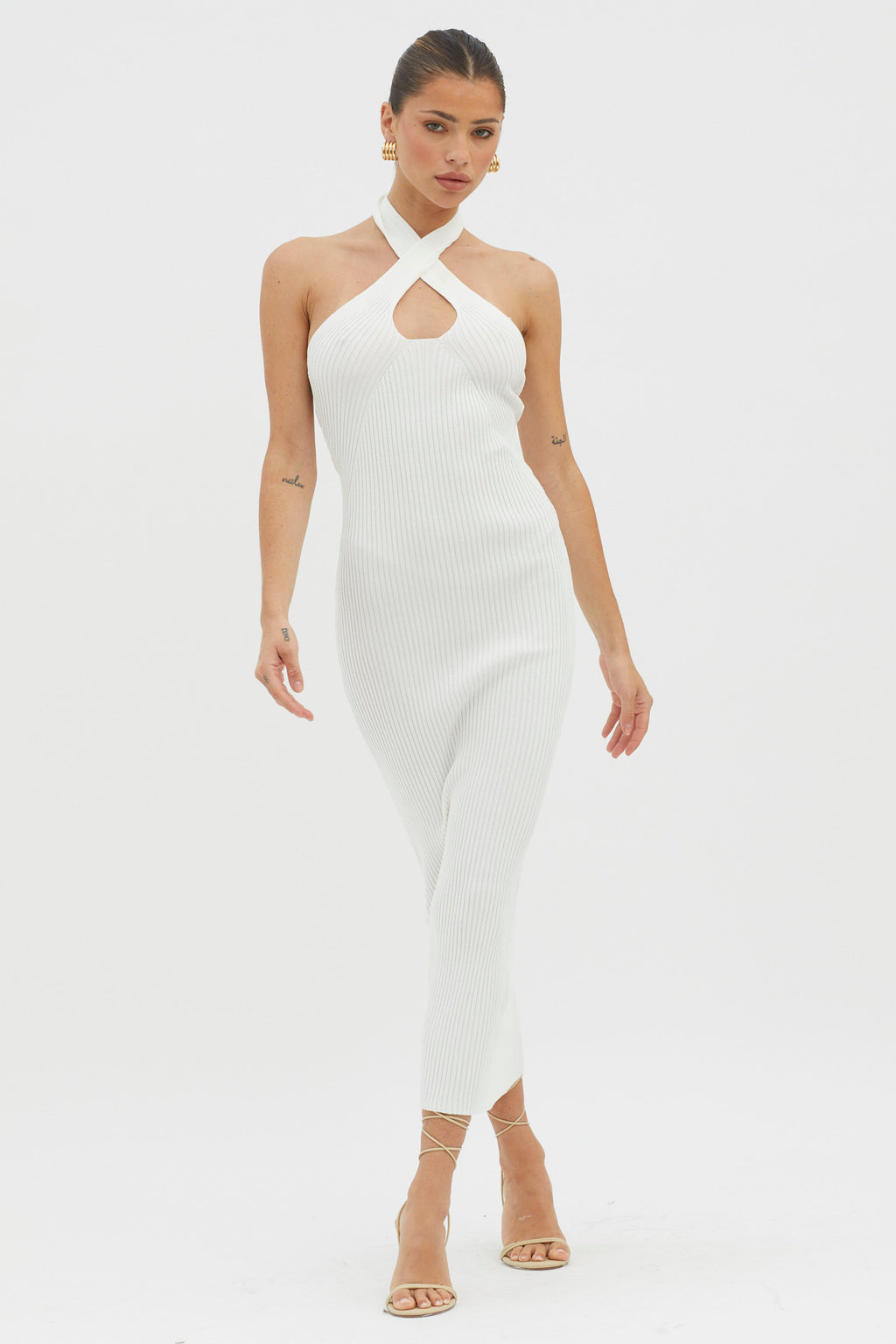 Lovelock Halterneck Ribbed Knit Midi Dress White by Selfie Leslie