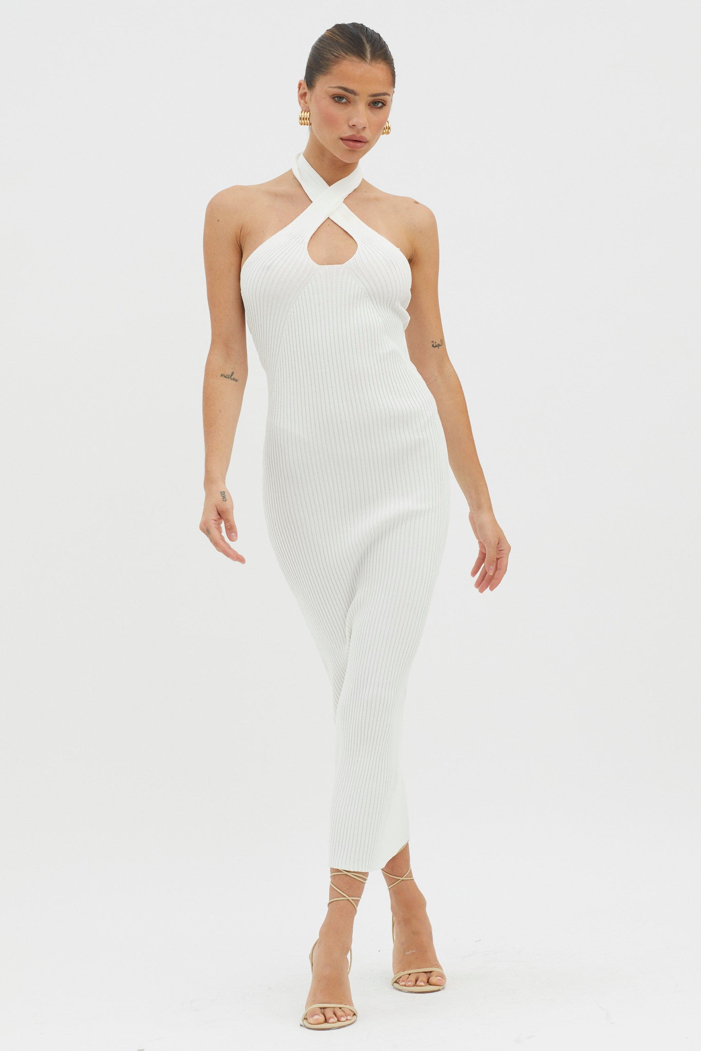 Lovelock Halterneck Ribbed Knit Midi Dress White by Selfie Leslie