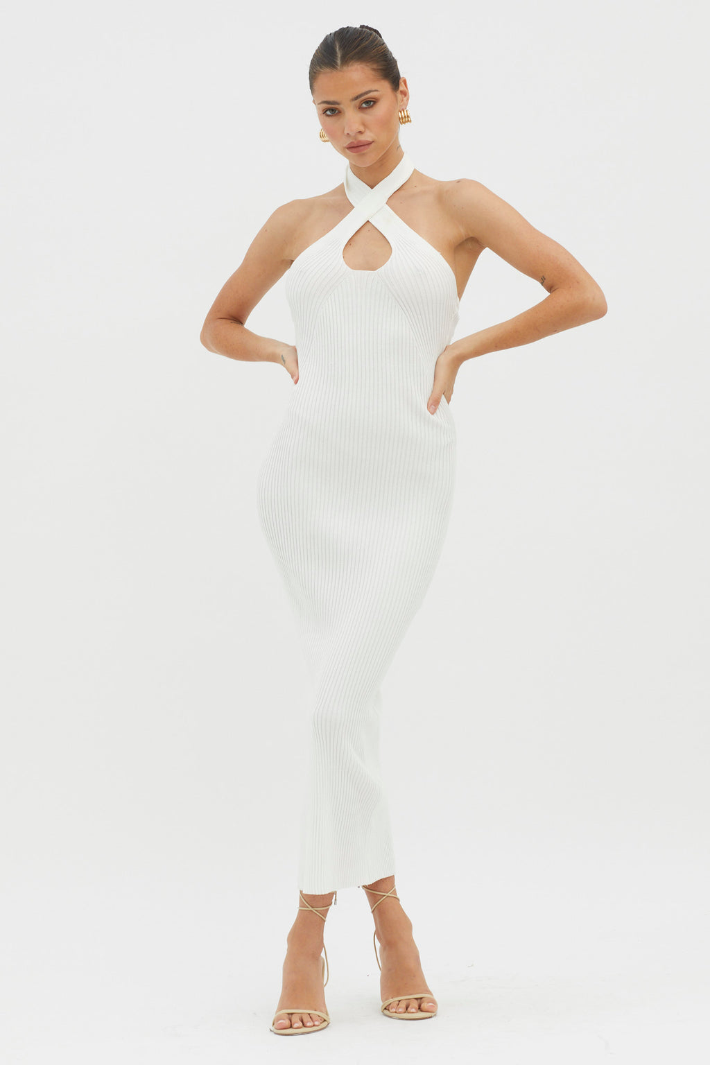 Lovelock Halterneck Ribbed Knit Midi Dress White - M Lovelock Halterneck Ribbed Knit Midi Dress White - M
