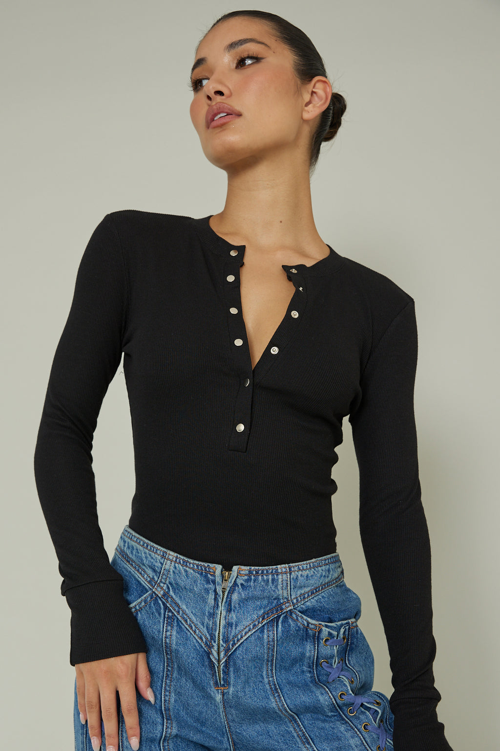 Henley Snap Front Bodysuit Black by Selfie Leslie